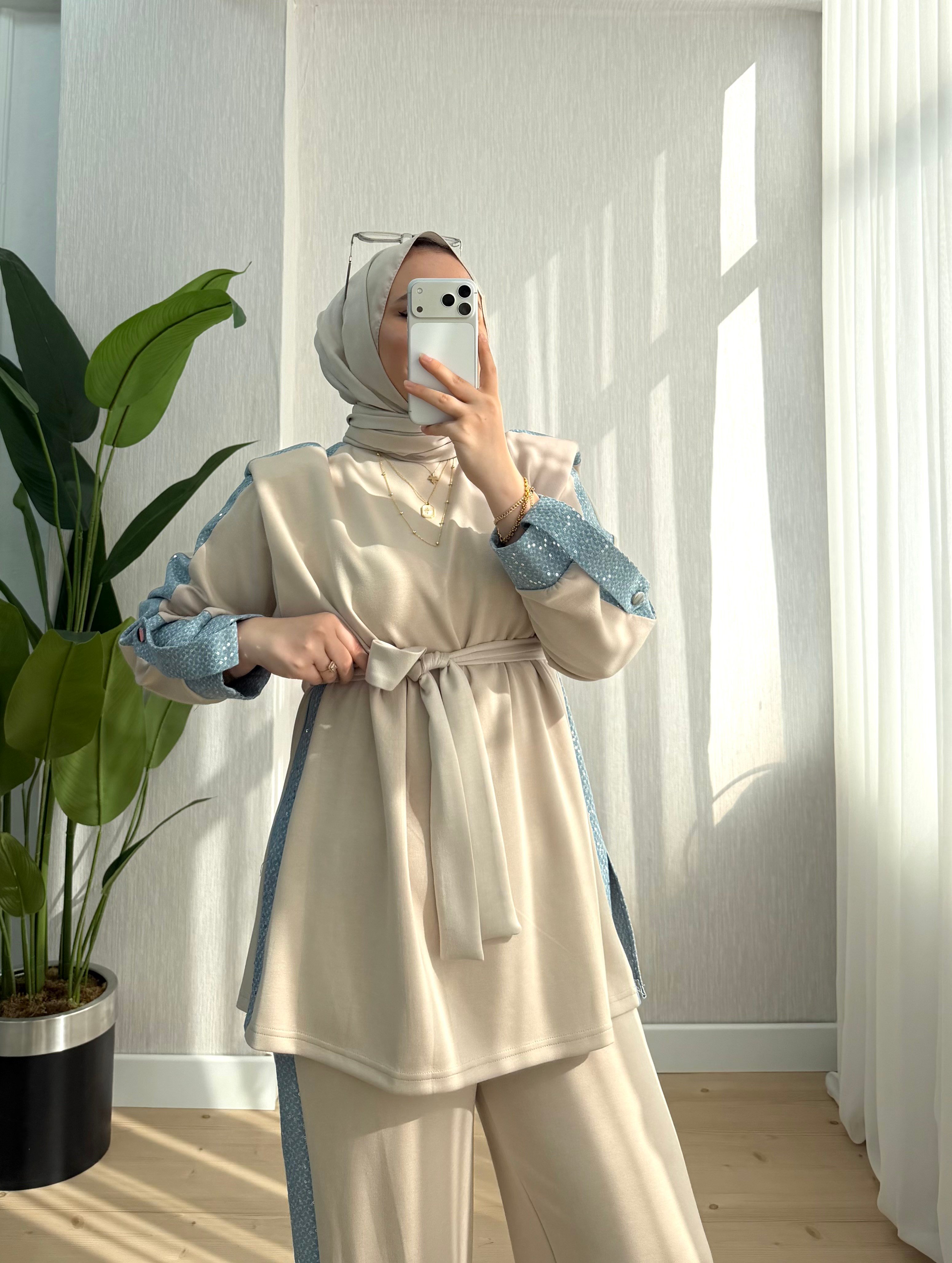 Efulim Watkalı Pul Ve Kot Garnili Takım Bej  3037 