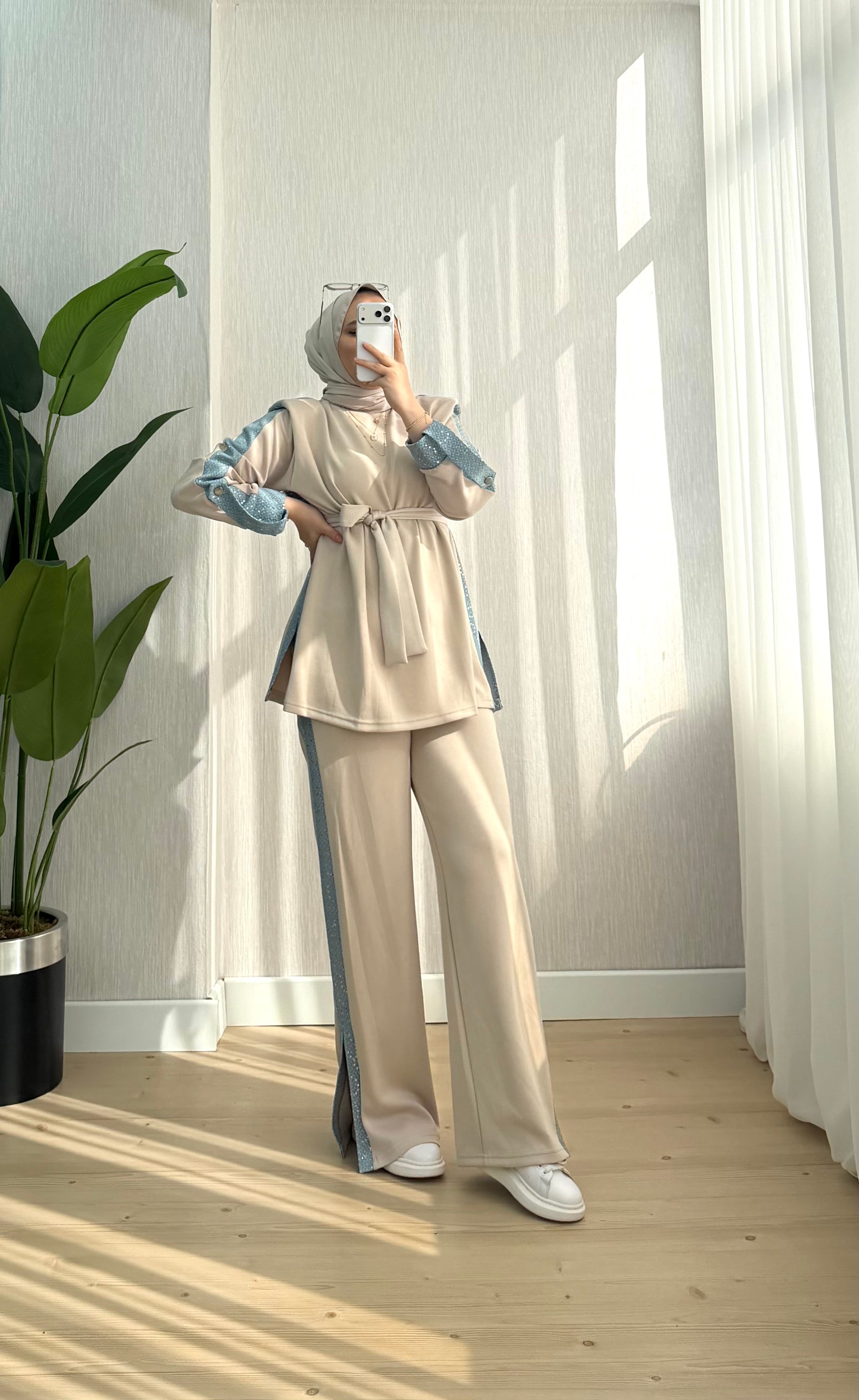 Efulim Watkalı Pul Ve Kot Garnili Takım Bej  3037 