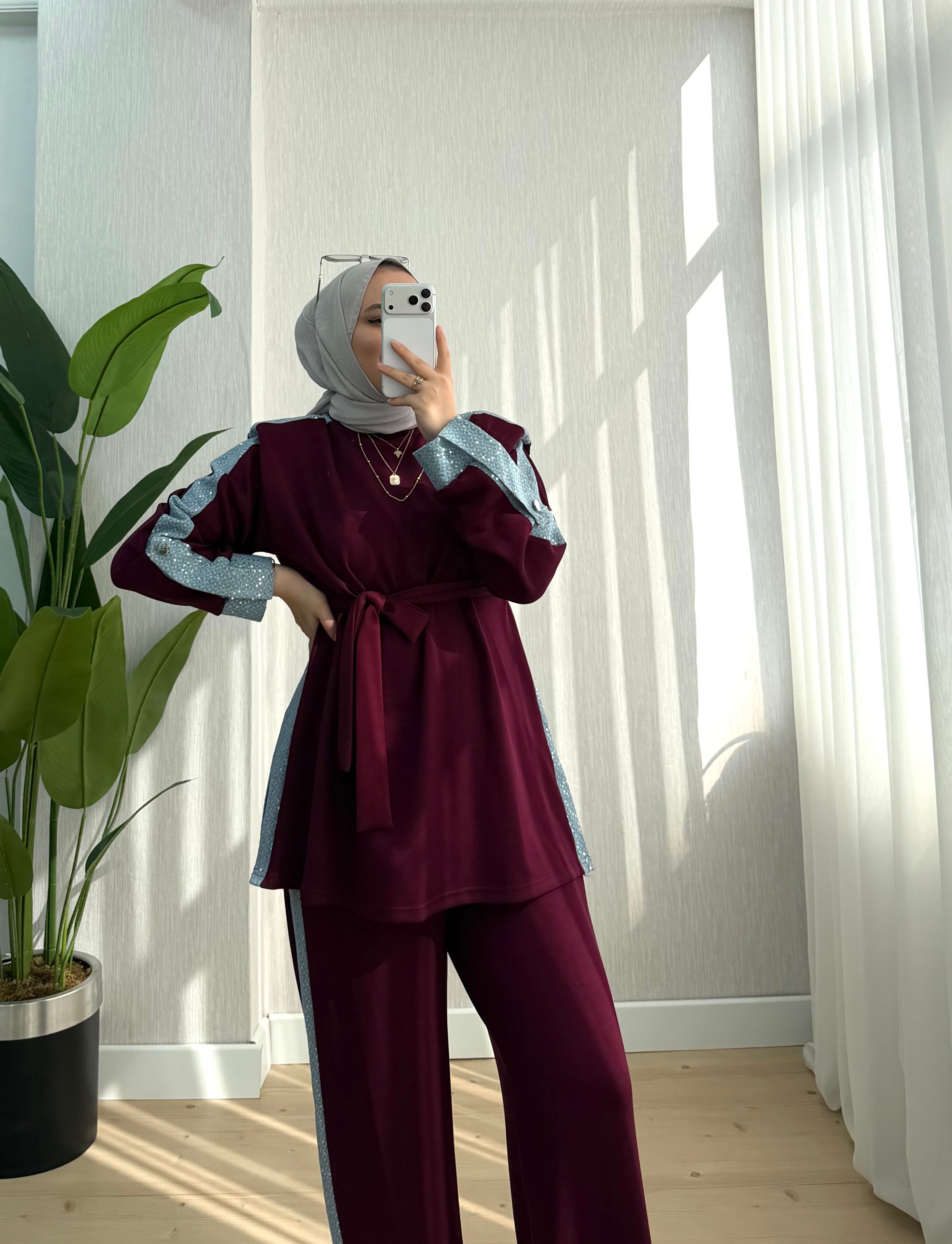 Efulim Watkalı Pul Ve Kot Garnili Takım Bordo 3037 