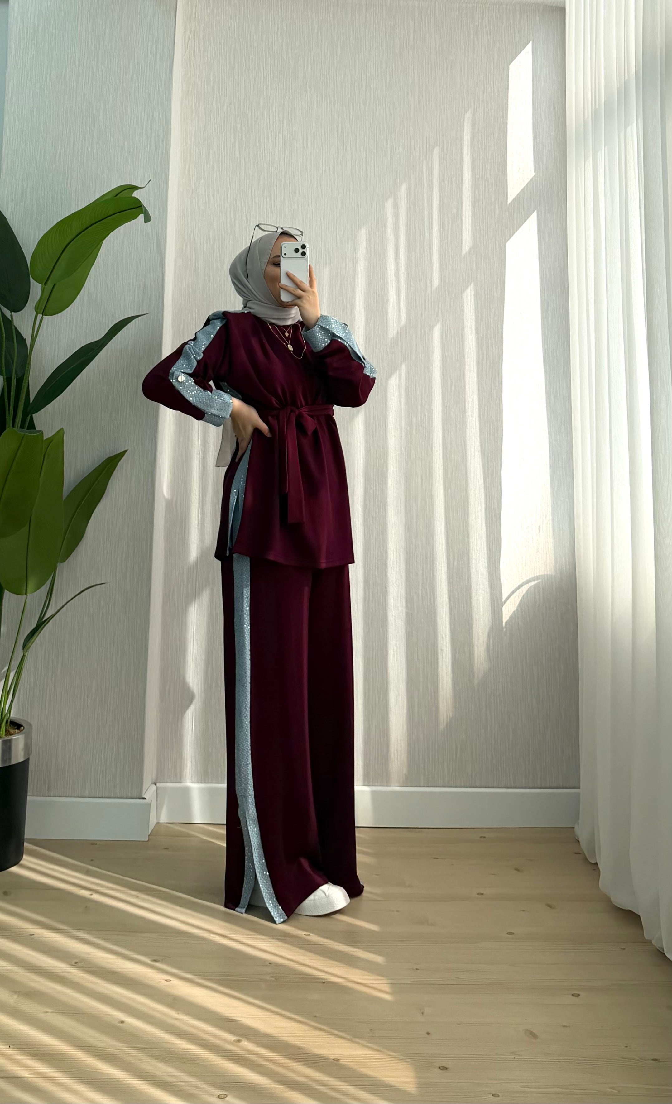 Efulim Watkalı Pul Ve Kot Garnili Takım Bordo 3037 