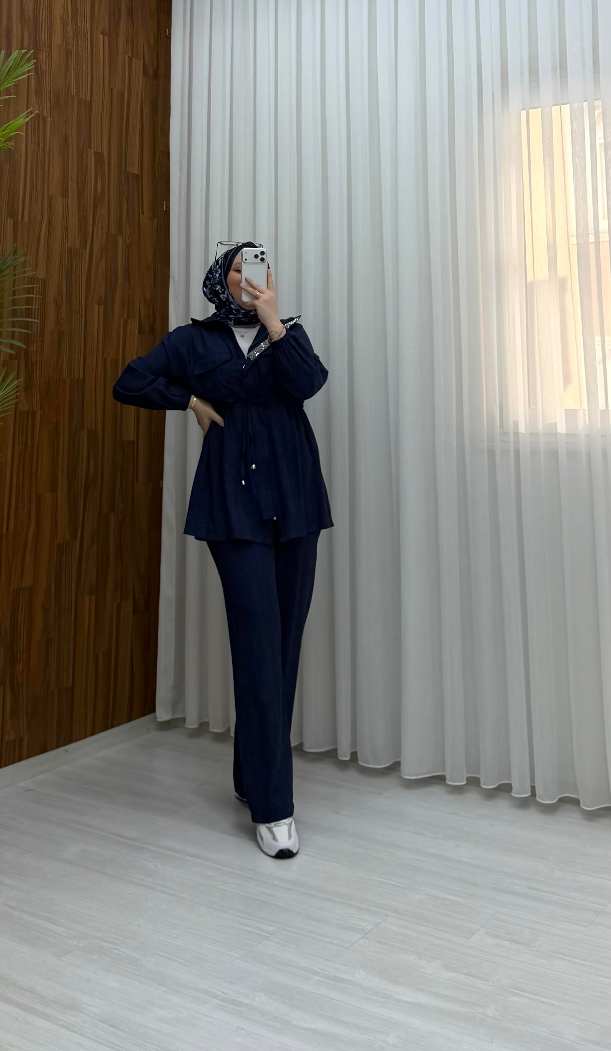 Binay Batik Çilek Kumaş Pat Taşlı Takım Lacivert 4514 