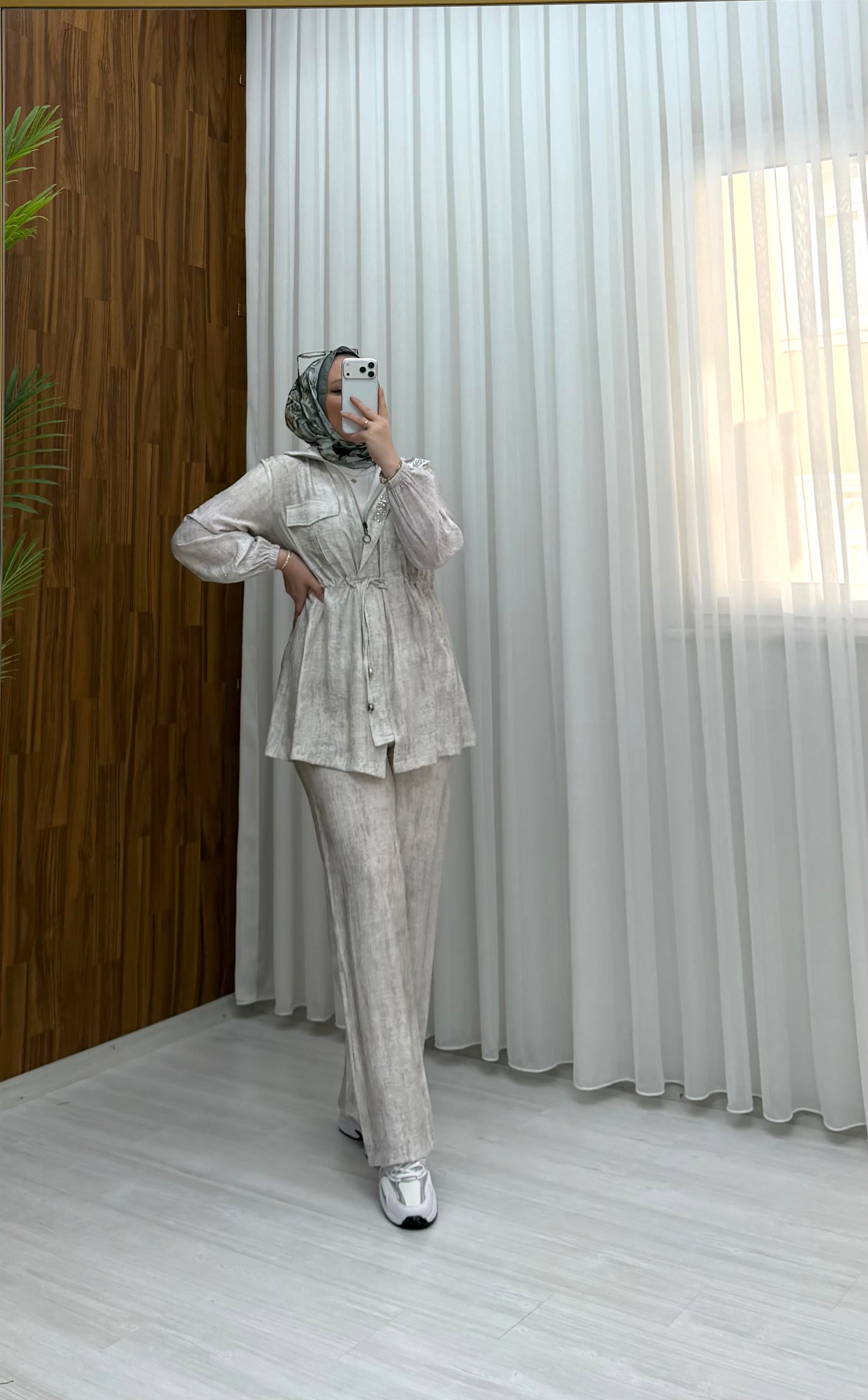 Binay Batik Çilek Kumaş Pat Taşlı Takım Bej 4514 
