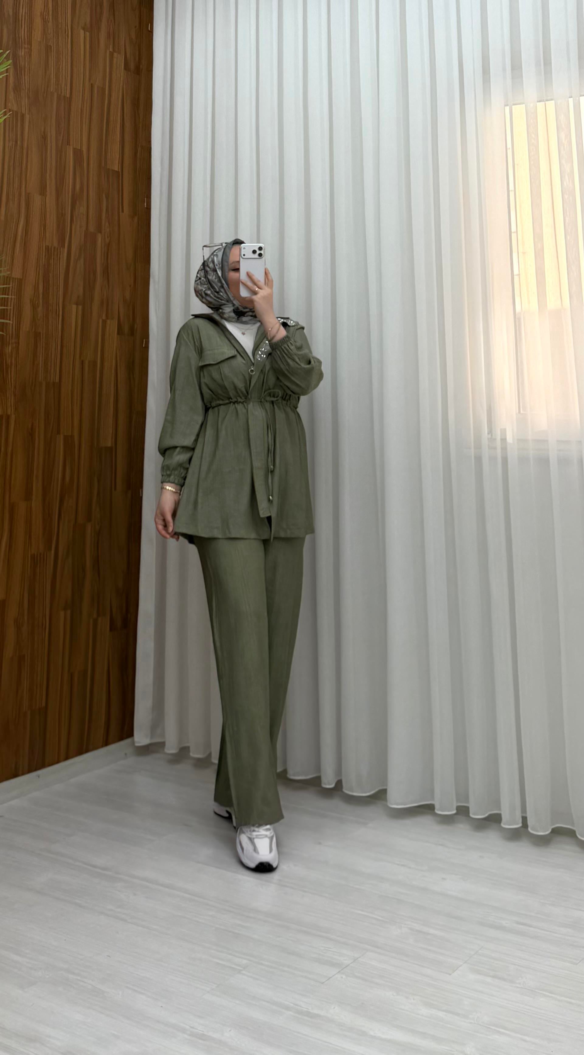 Binay Batik Çilek Kumaş Pat Taşlı Takım Haki 4514 