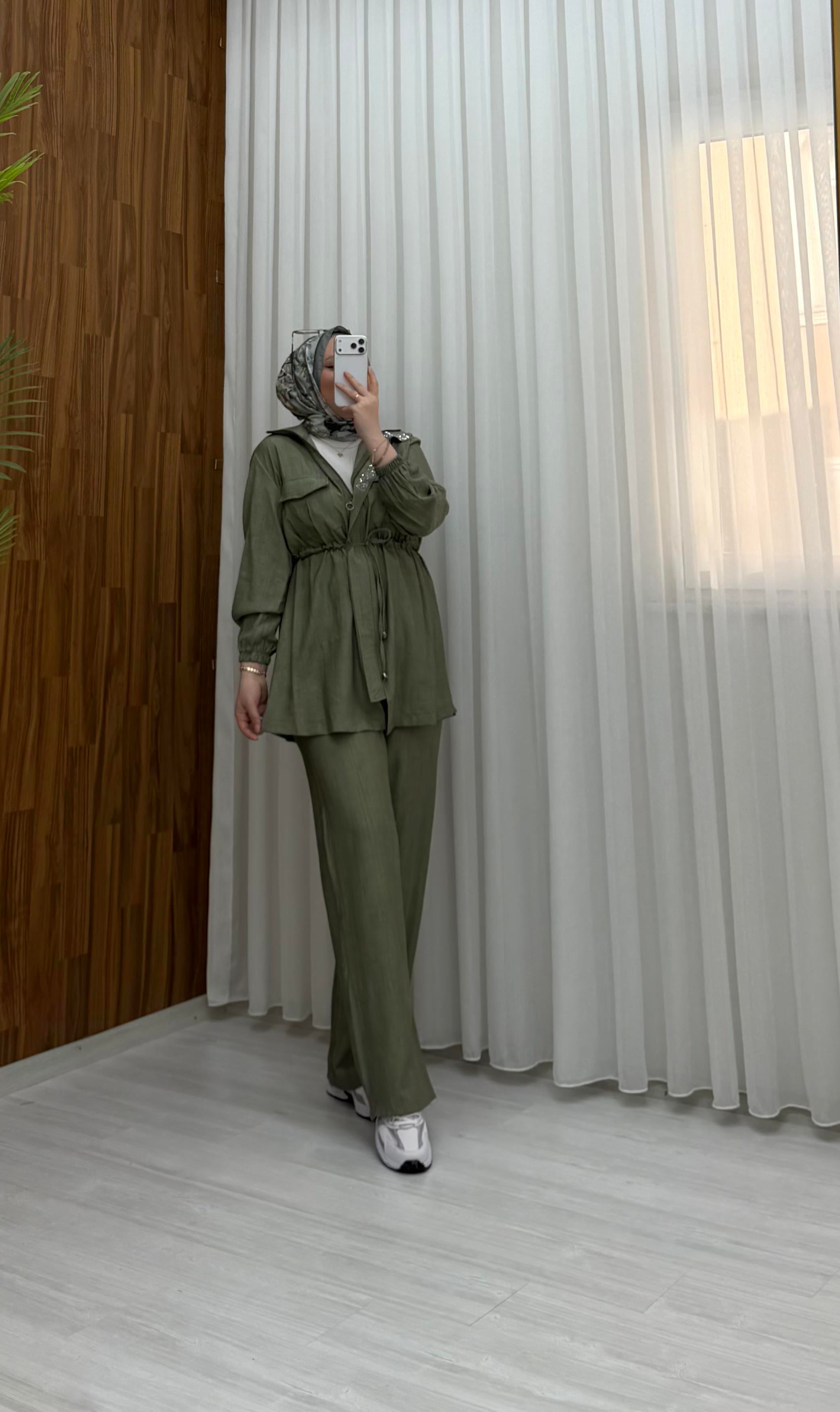 Binay Batik Çilek Kumaş Pat Taşlı Takım Haki 4514 