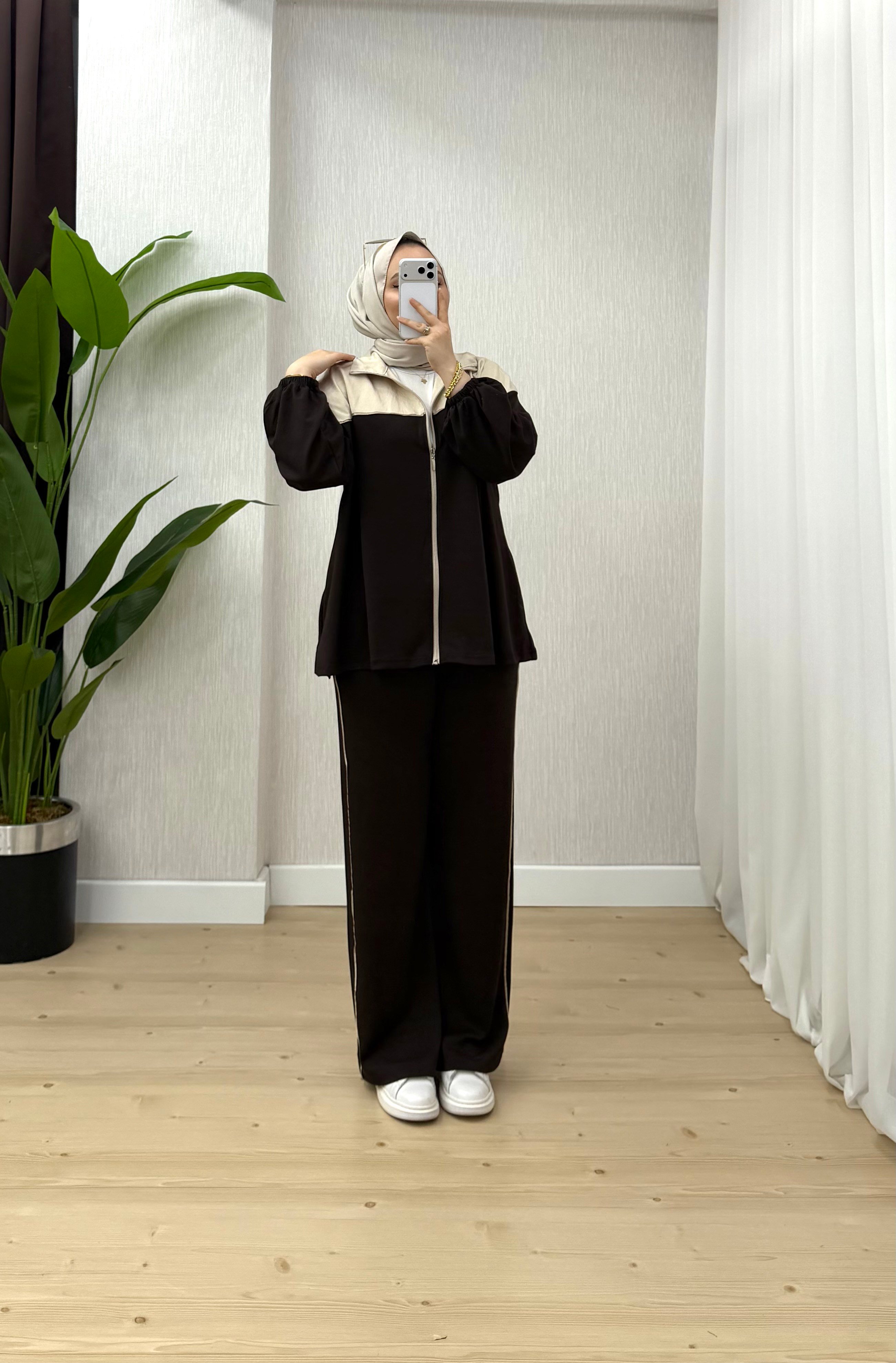 Ketche Fermuarlı Garnili Takım Kahve 62823 