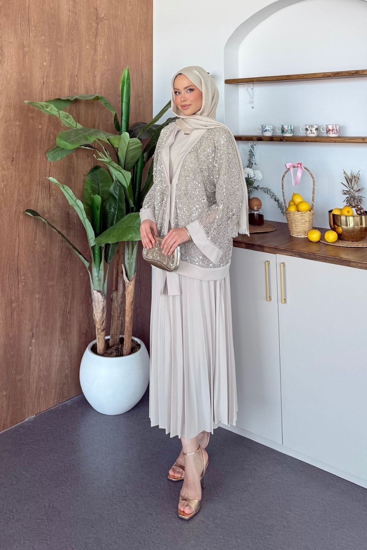 Qup Sendy 3 lü Etekli Takım Bej 6493 