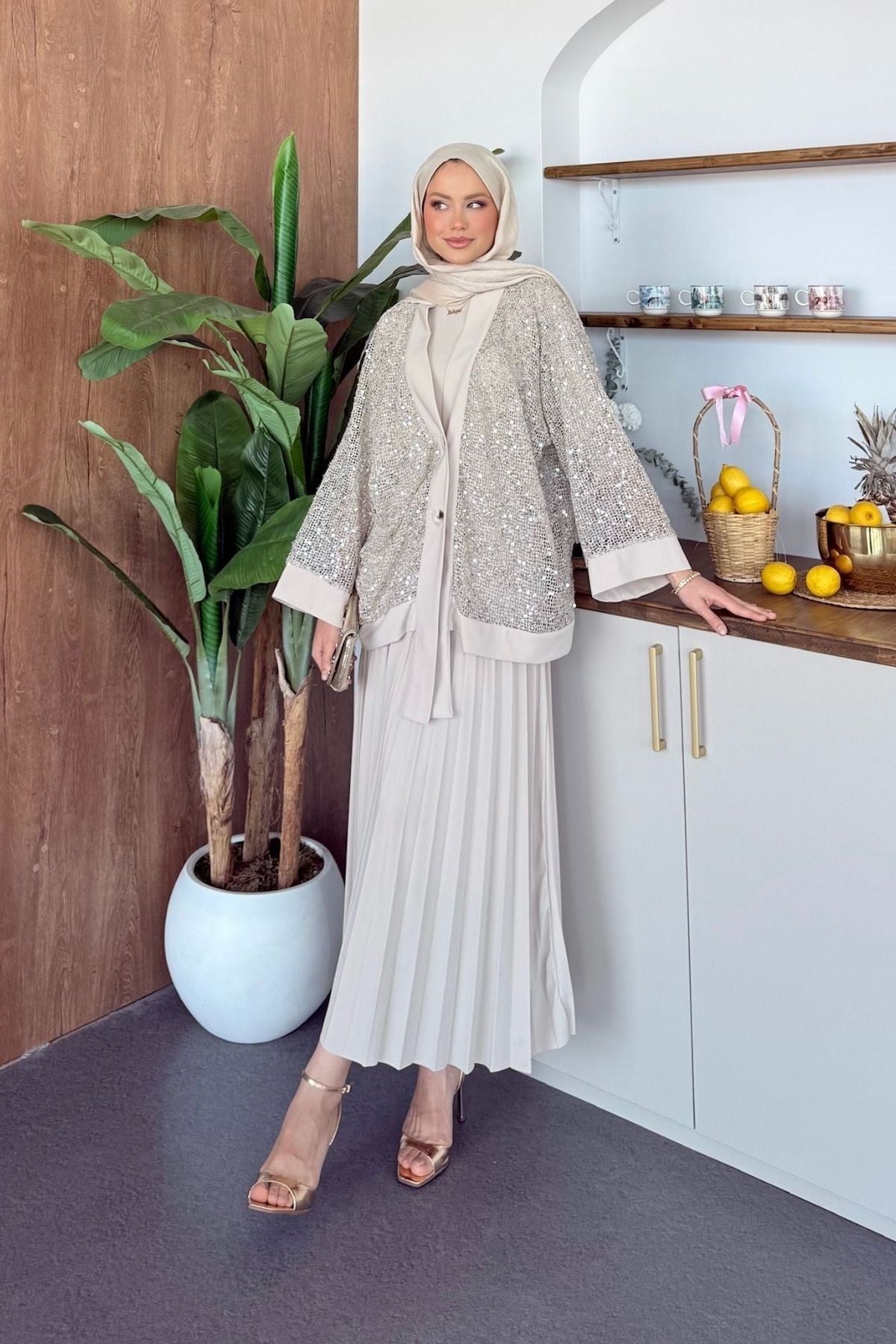 Qup Sendy 3 lü Etekli Takım Bej 6493 