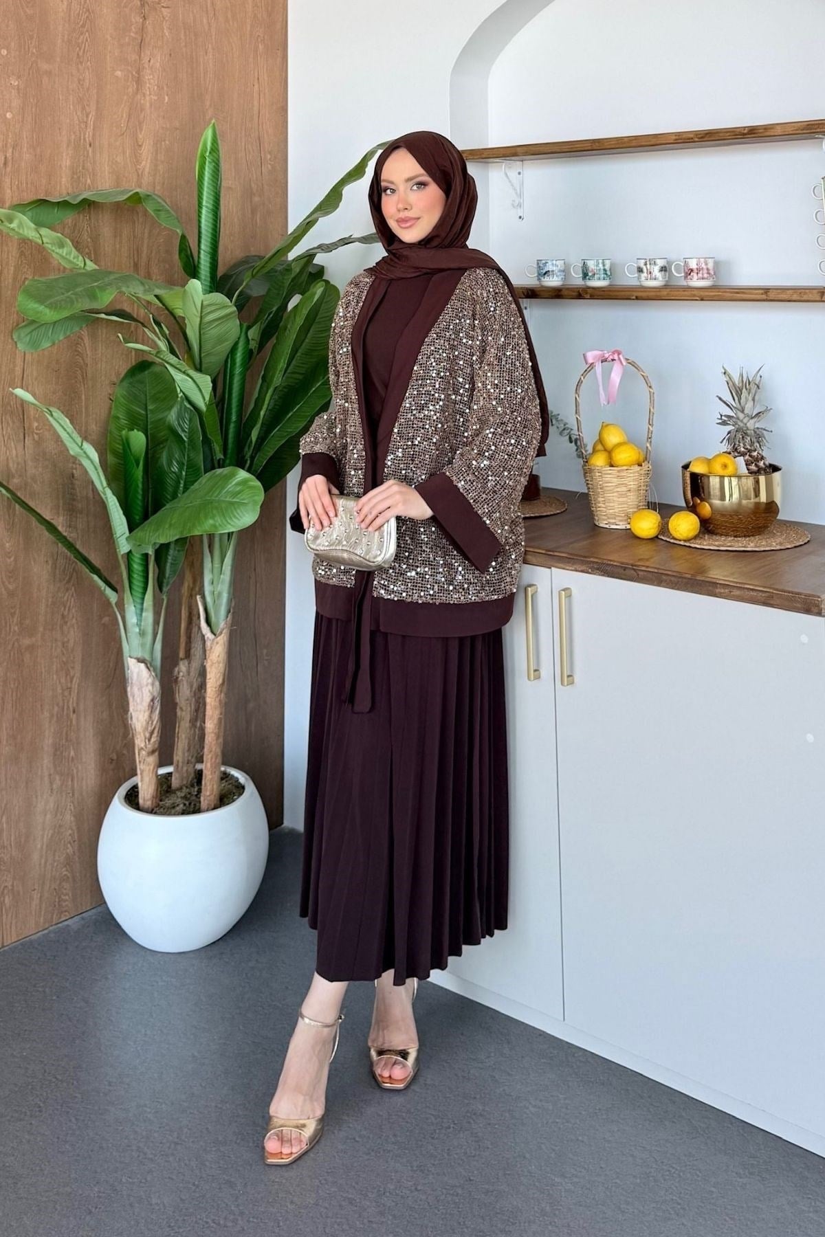 Qup Sendy 3 lü Etekli Takım Kahve 6493 