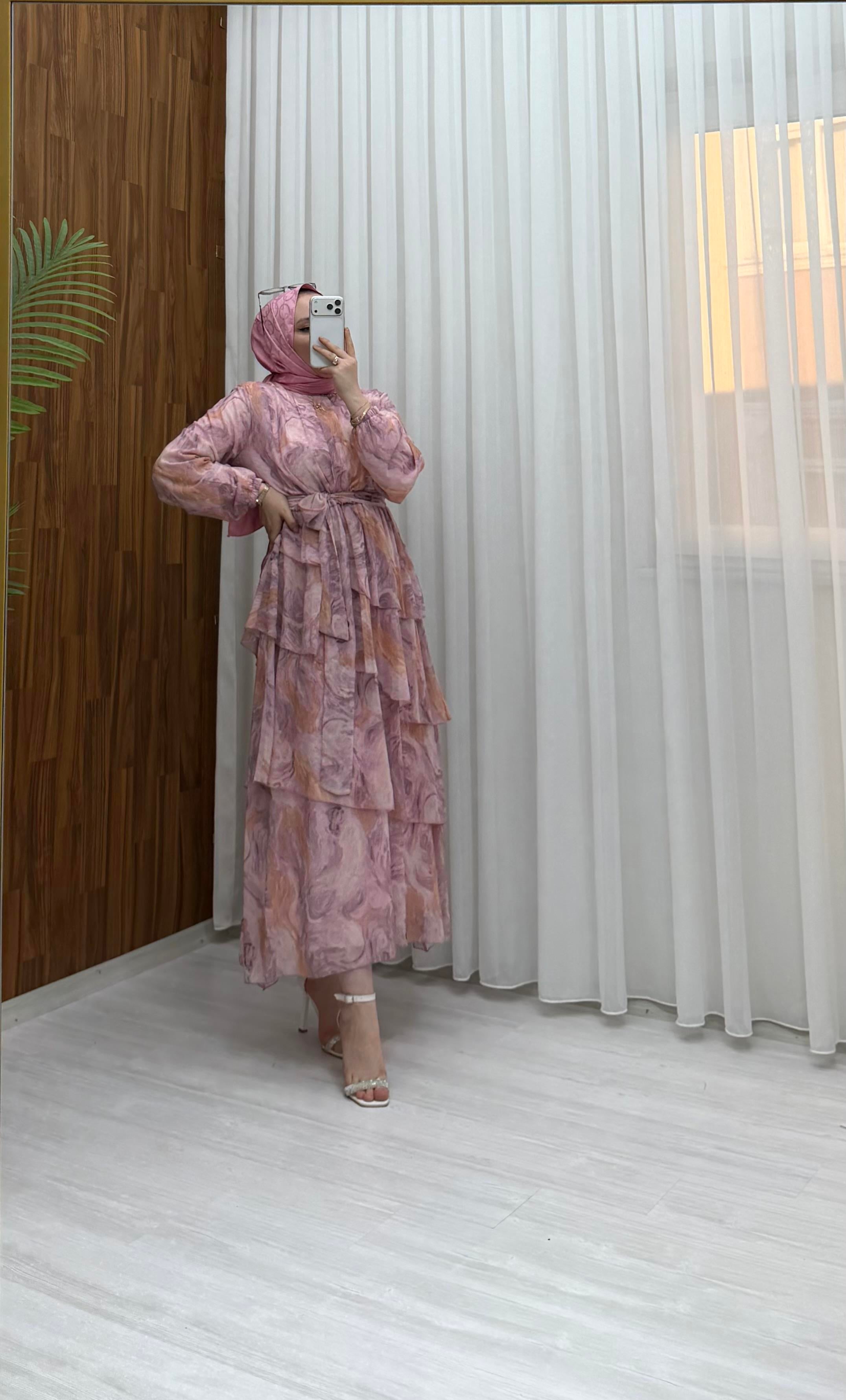 Binay Şifon Desenli Kat Kat Elbise Pembe  7894 
