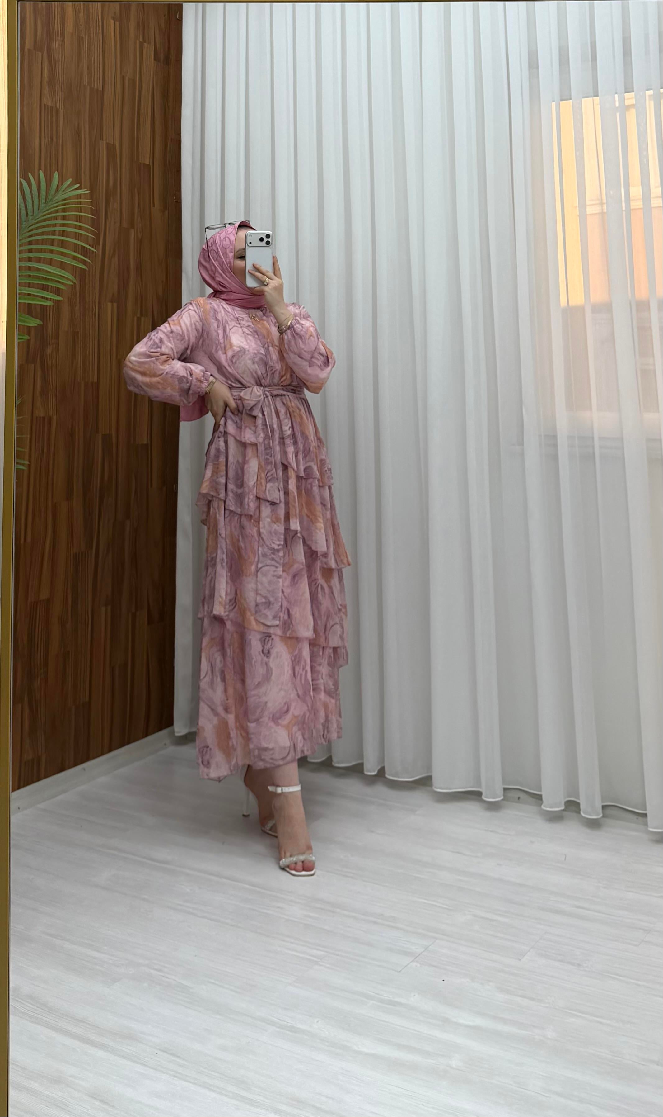 Binay Şifon Desenli Kat Kat Elbise Pembe  7894 