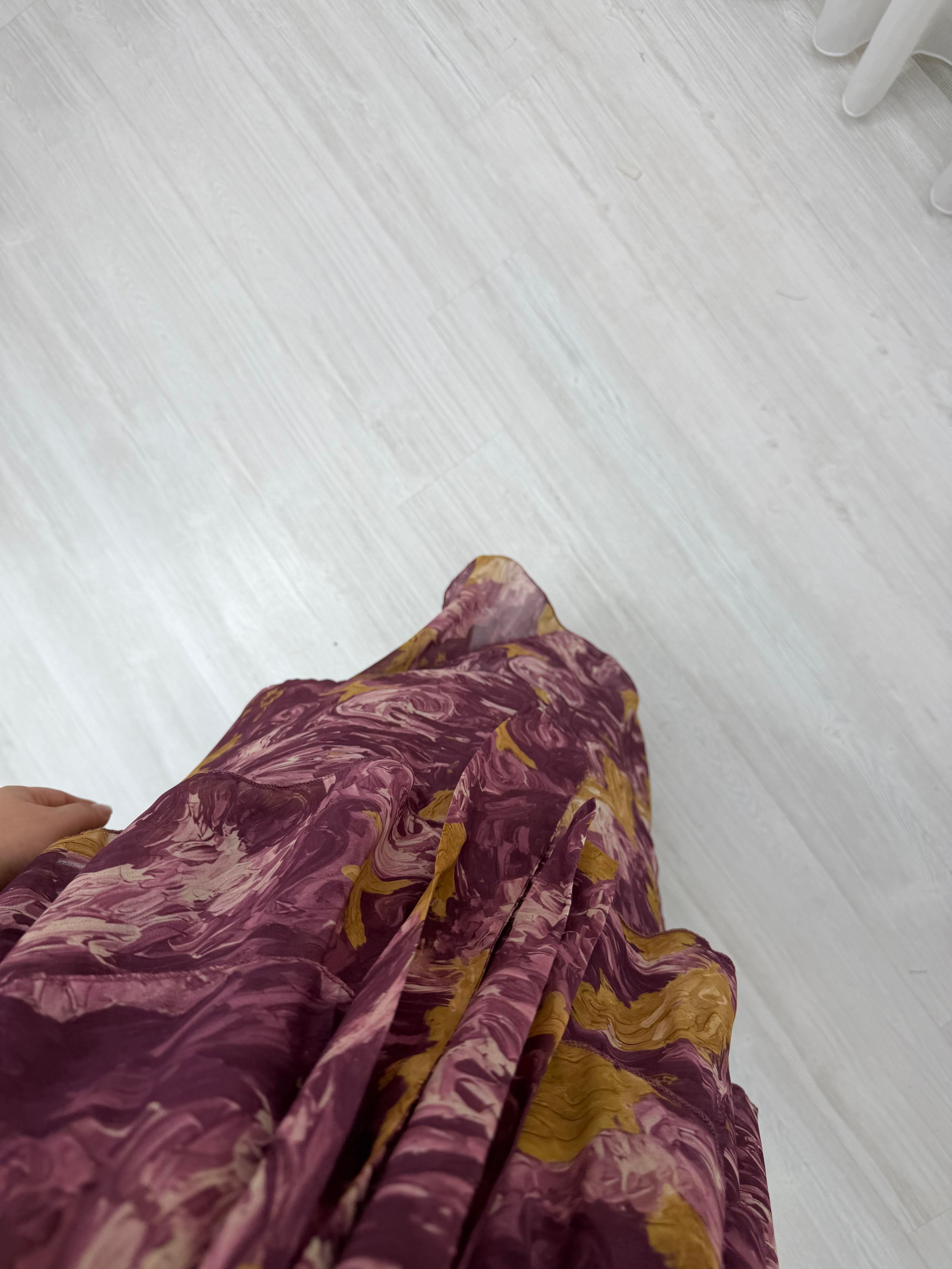 Binay Şifon Desenli Kat Kat Elbise Mürdüm 7894 