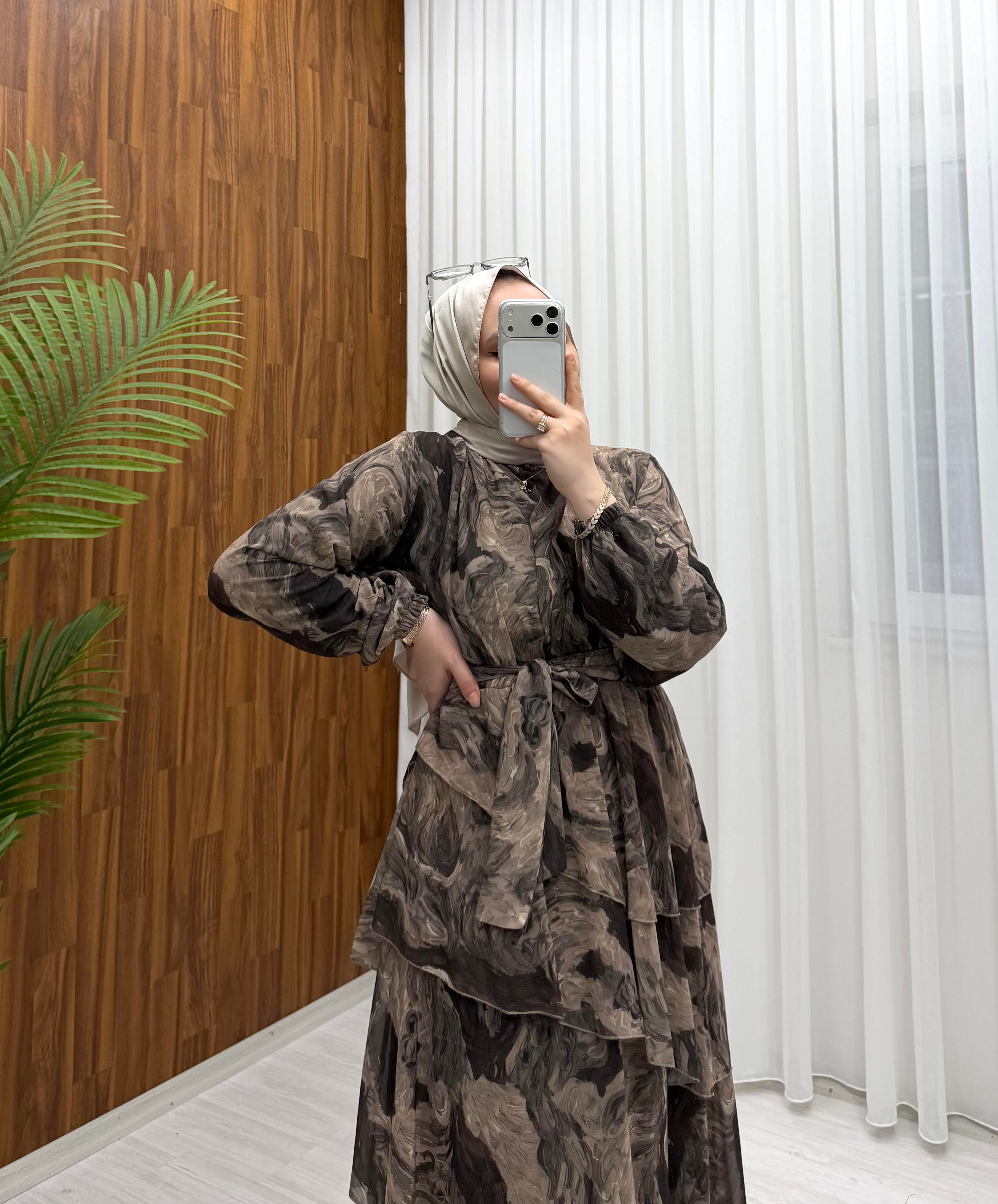 Binay Şifon Desenli Kat Kat Elbise Siyah 7894 