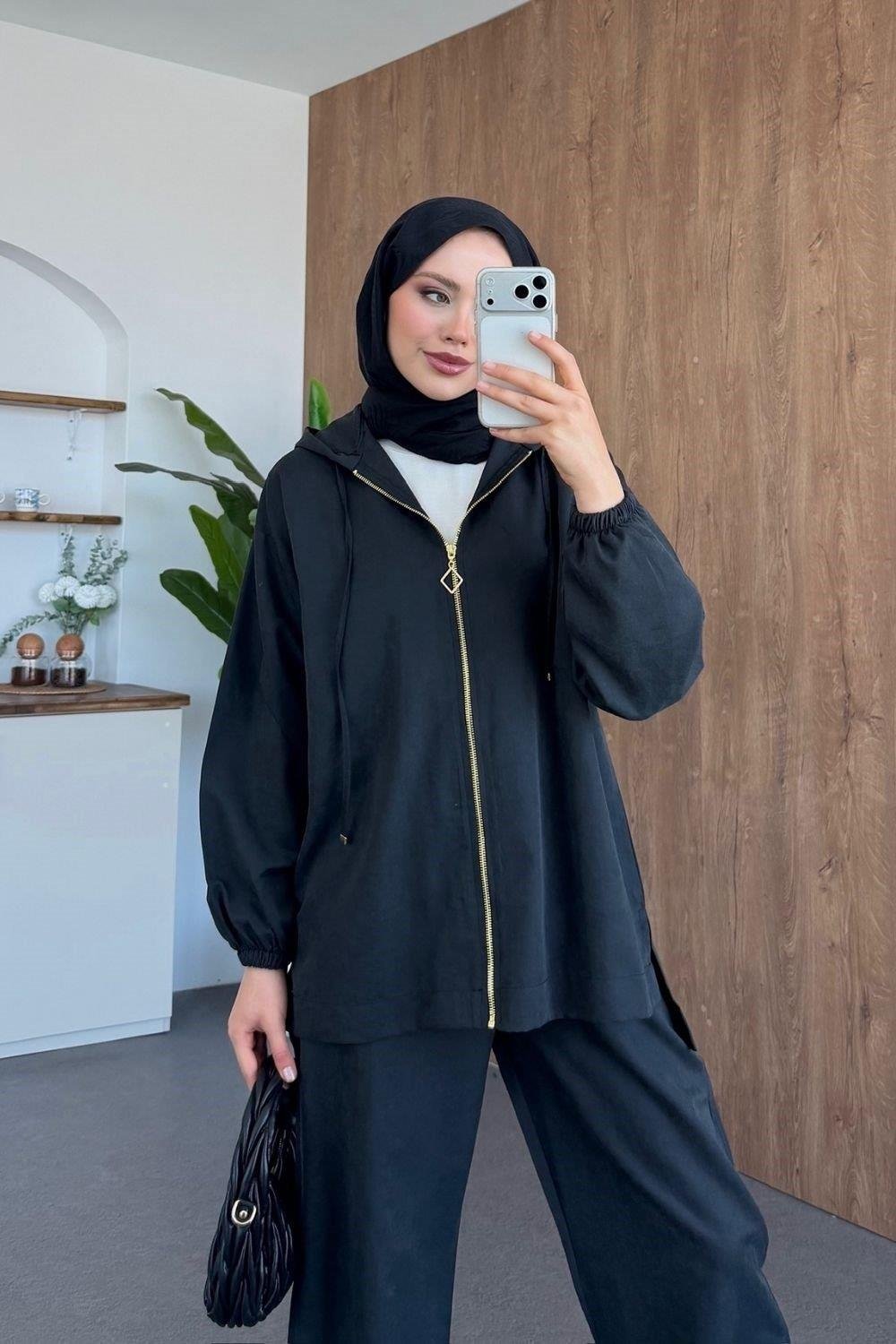 Qup Tansel FRM Trenç Kumaş Takım Siyah 8031 