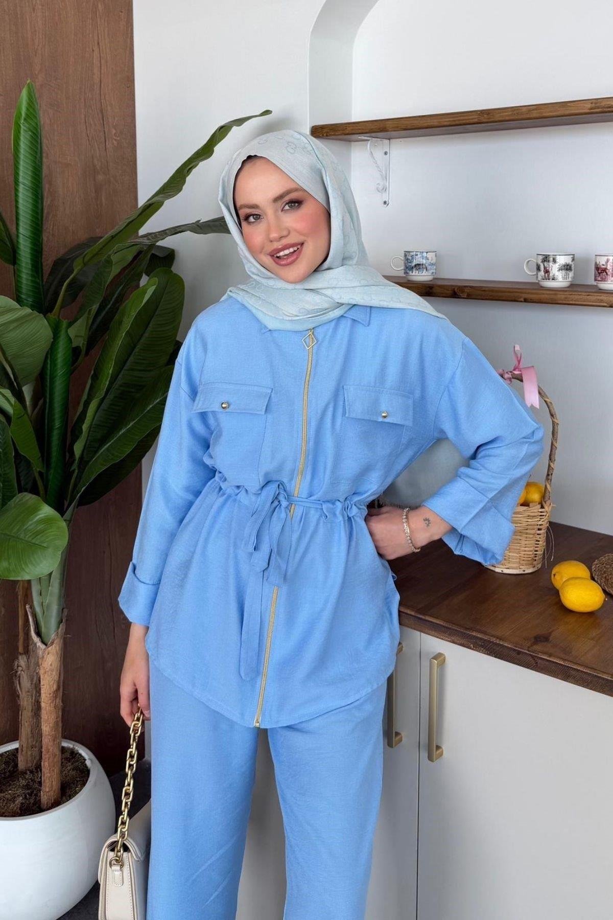 Qup Sual Keten Fermuarlı Takım Bebe Mavisi 8034 