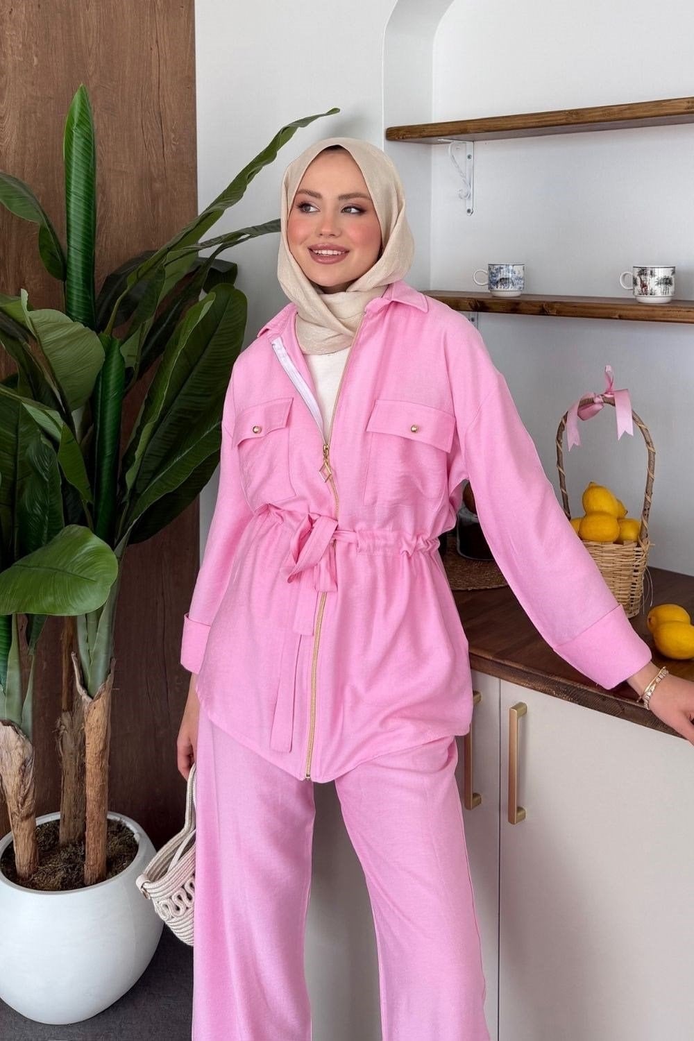 Qup Sual Keten Fermuarlı Takım Pembe 8034 