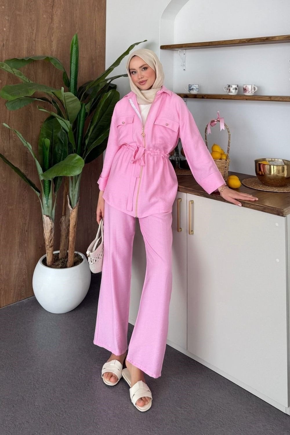 Qup Sual Keten Fermuarlı Takım Pembe 8034 