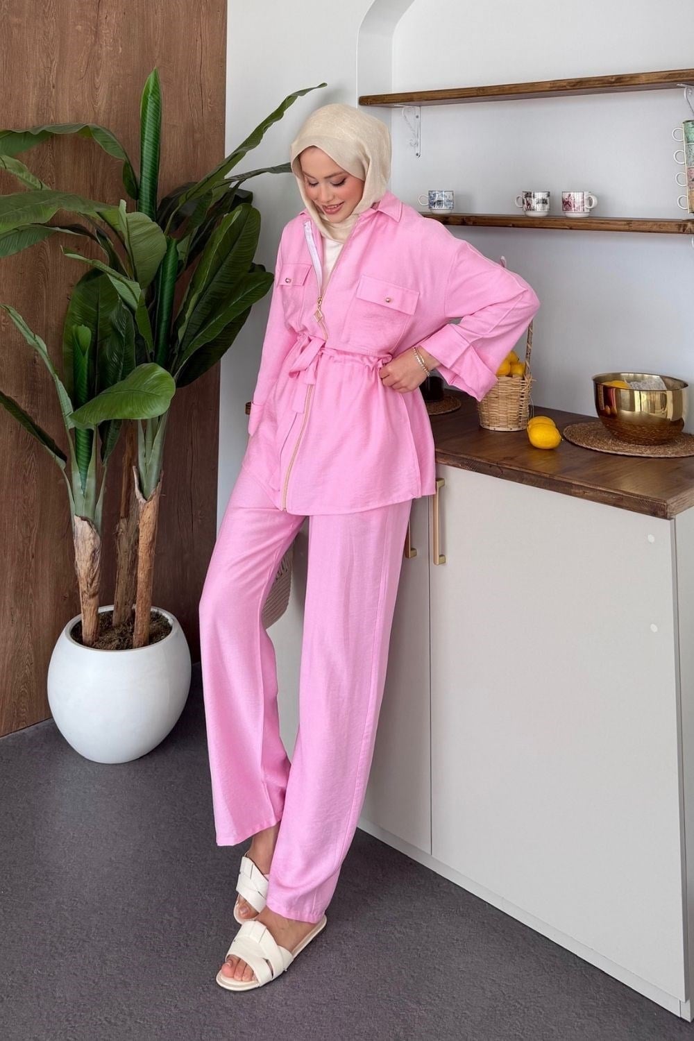 Qup Sual Keten Fermuarlı Takım Pembe 8034 