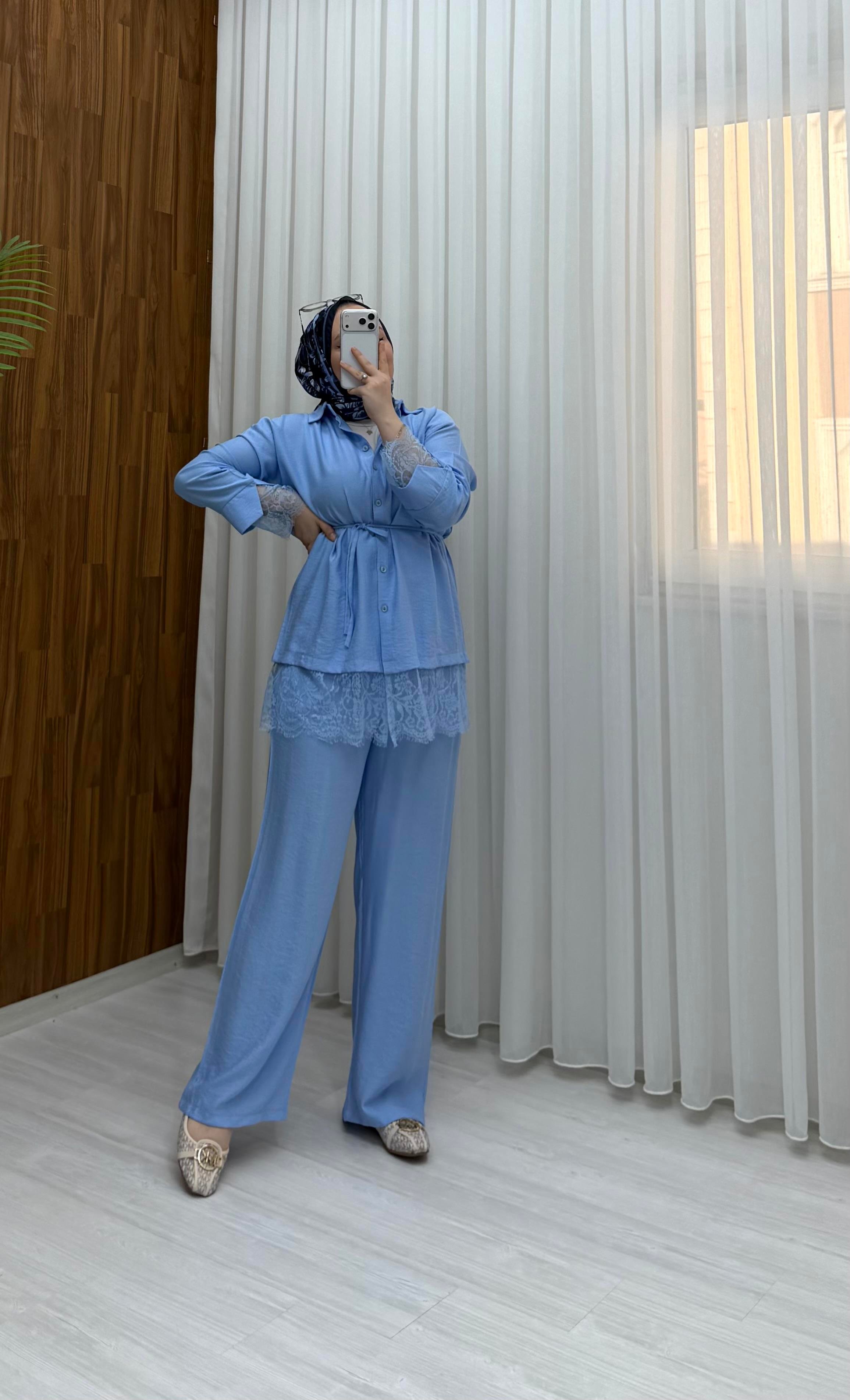 Qup Fruze Dantel Detay Takım Bebe Mavisi 8041 