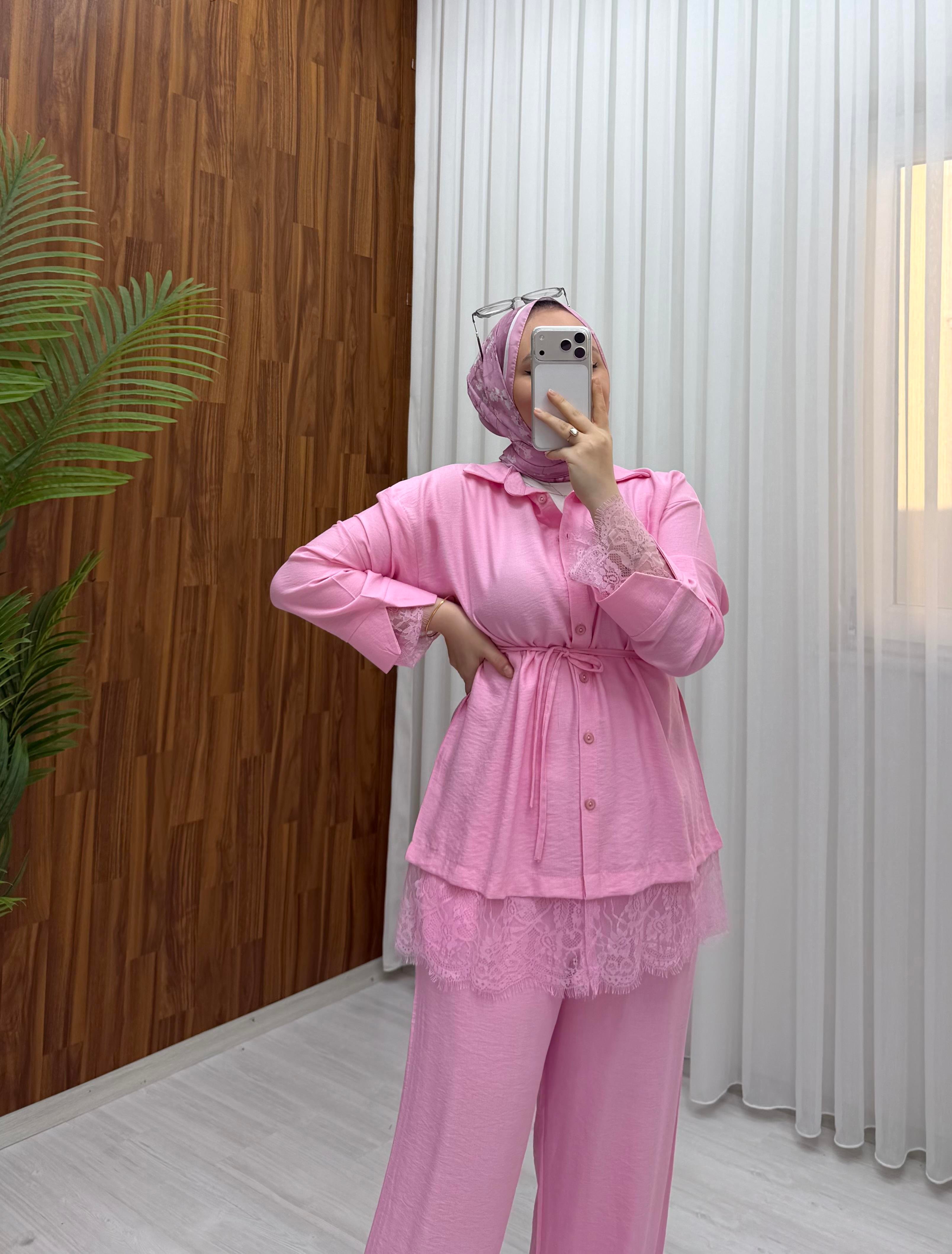Qup Fruze Dantel Detay Takım Pembe 8041 