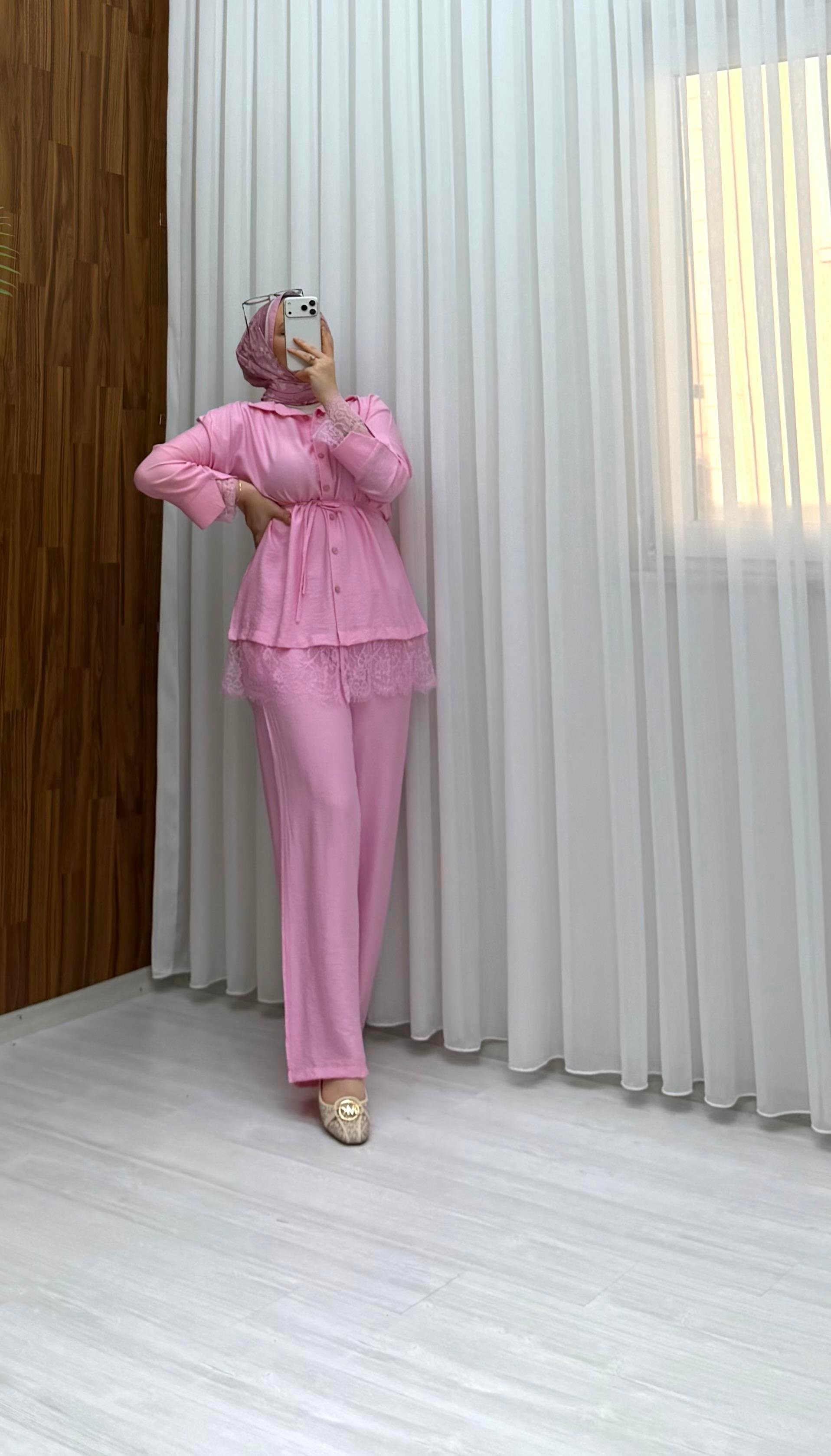Qup Fruze Dantel Detay Takım Pembe 8041 