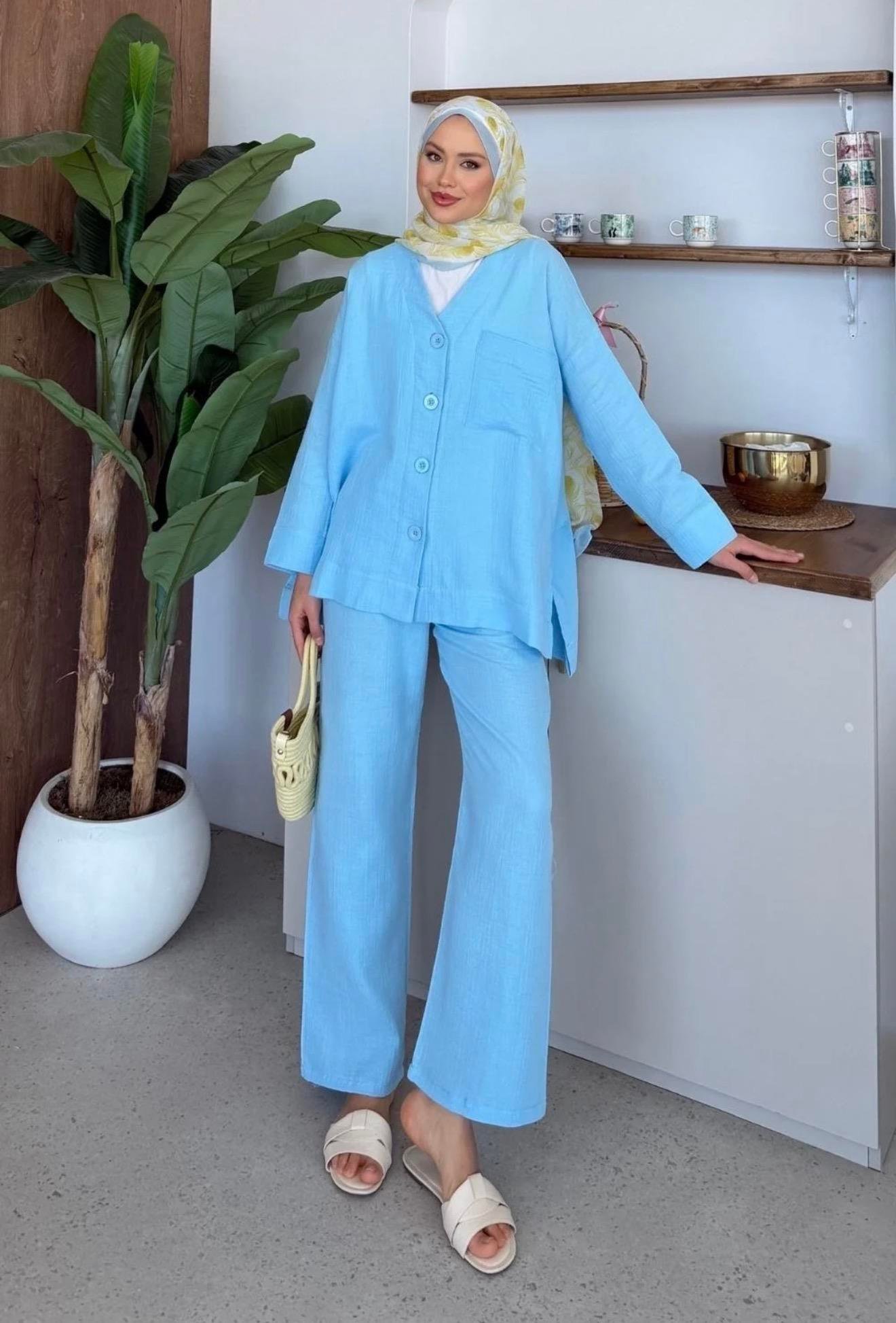 Qup Nur Keten Pantalonlu Takım Bebe Mavisi 8042 