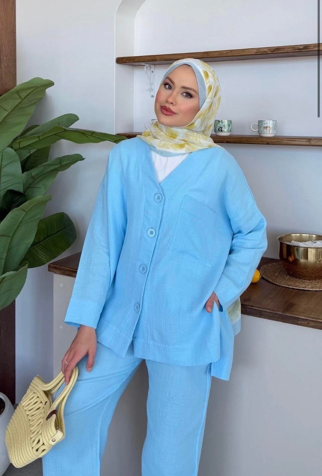 Qup Nur Keten Pantalonlu Takım Bebe Mavisi 8042 