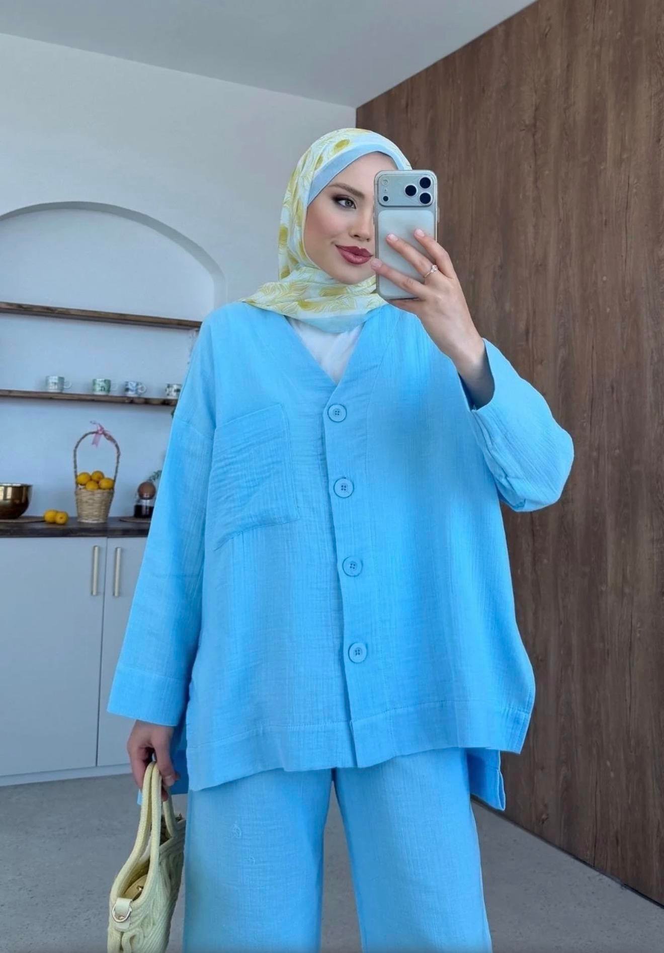 Qup Nur Keten Pantalonlu Takım Bebe Mavisi 8042 