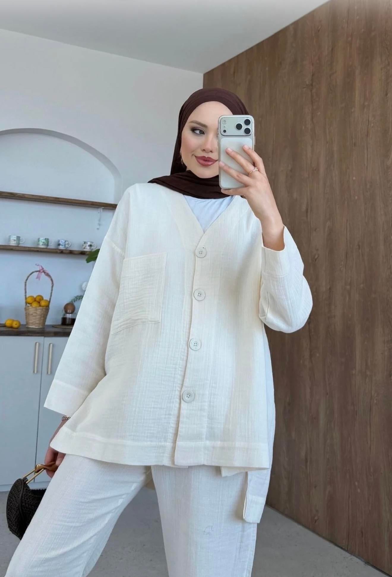 Qup Nur Keten Pantalonlu Takım Ekru (Bej) 8042 