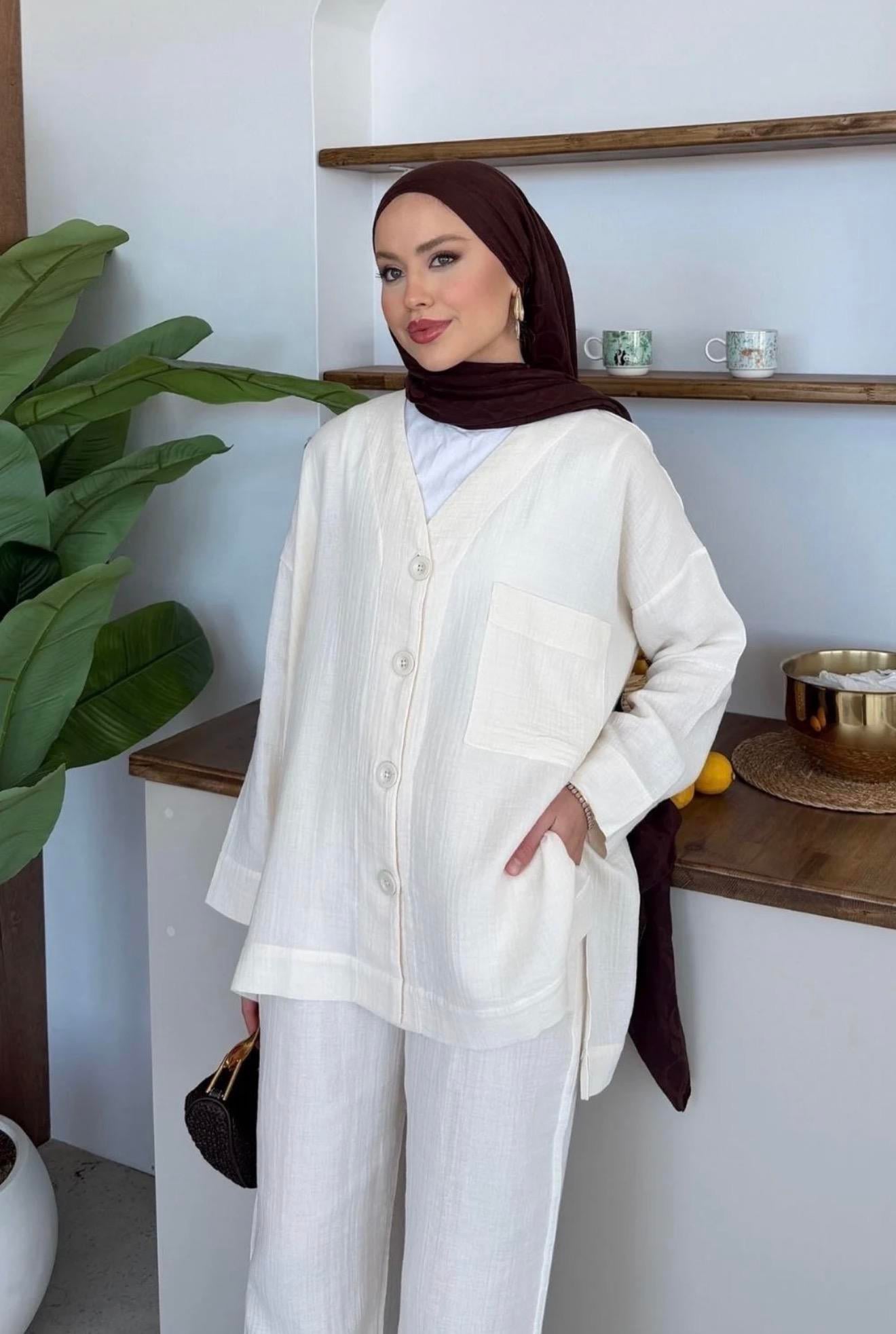 Qup Nur Keten Pantalonlu Takım Ekru (Bej) 8042 