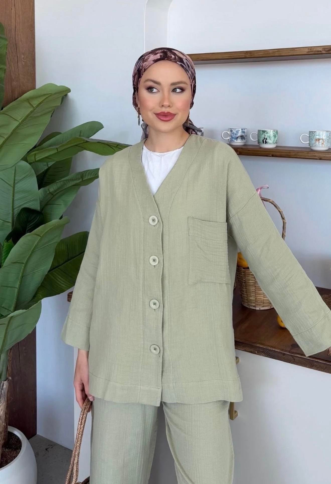 Qup Nur Keten Pantalonlu Takım Haki 8042 