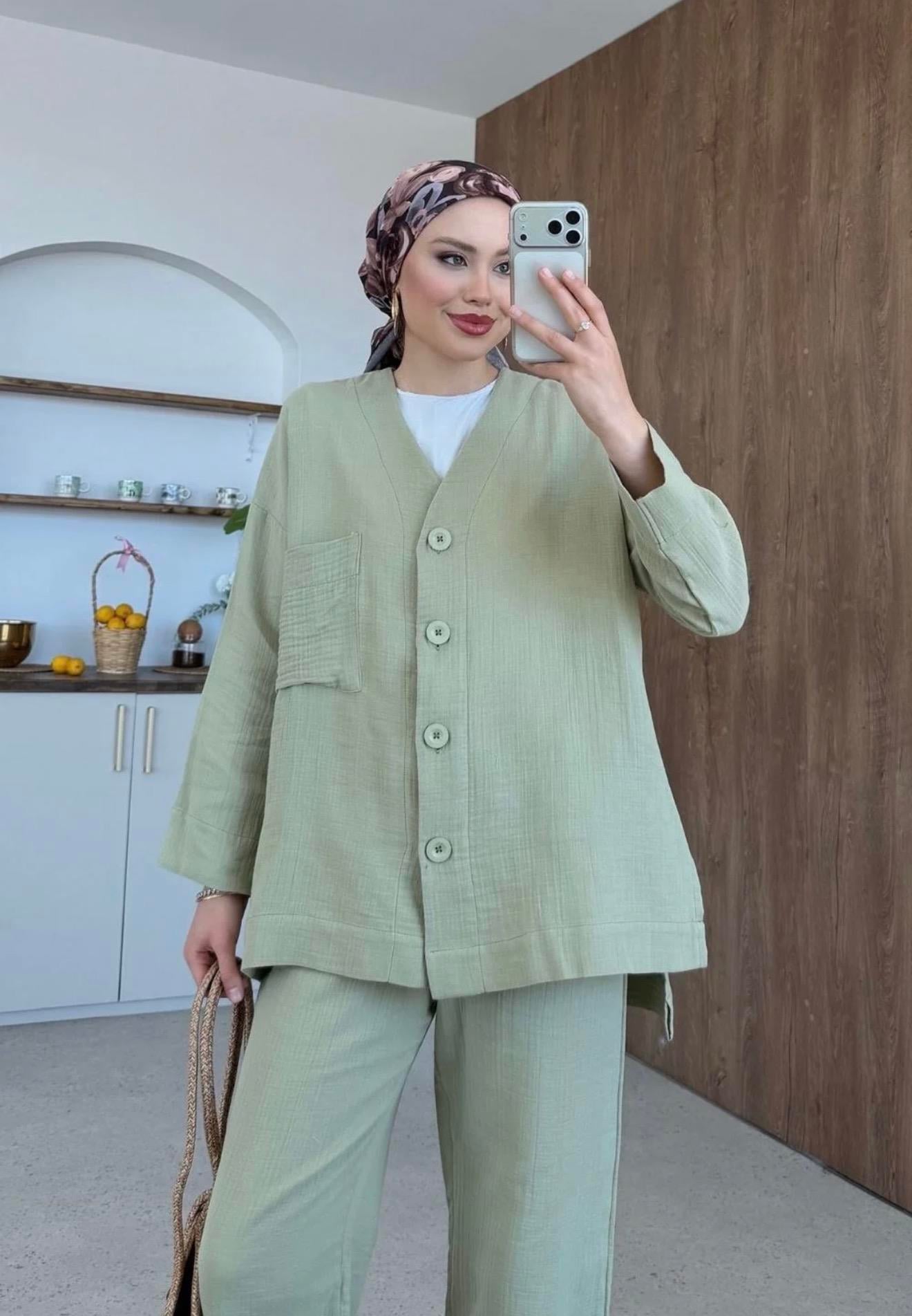 Qup Nur Keten Pantalonlu Takım Haki 8042 