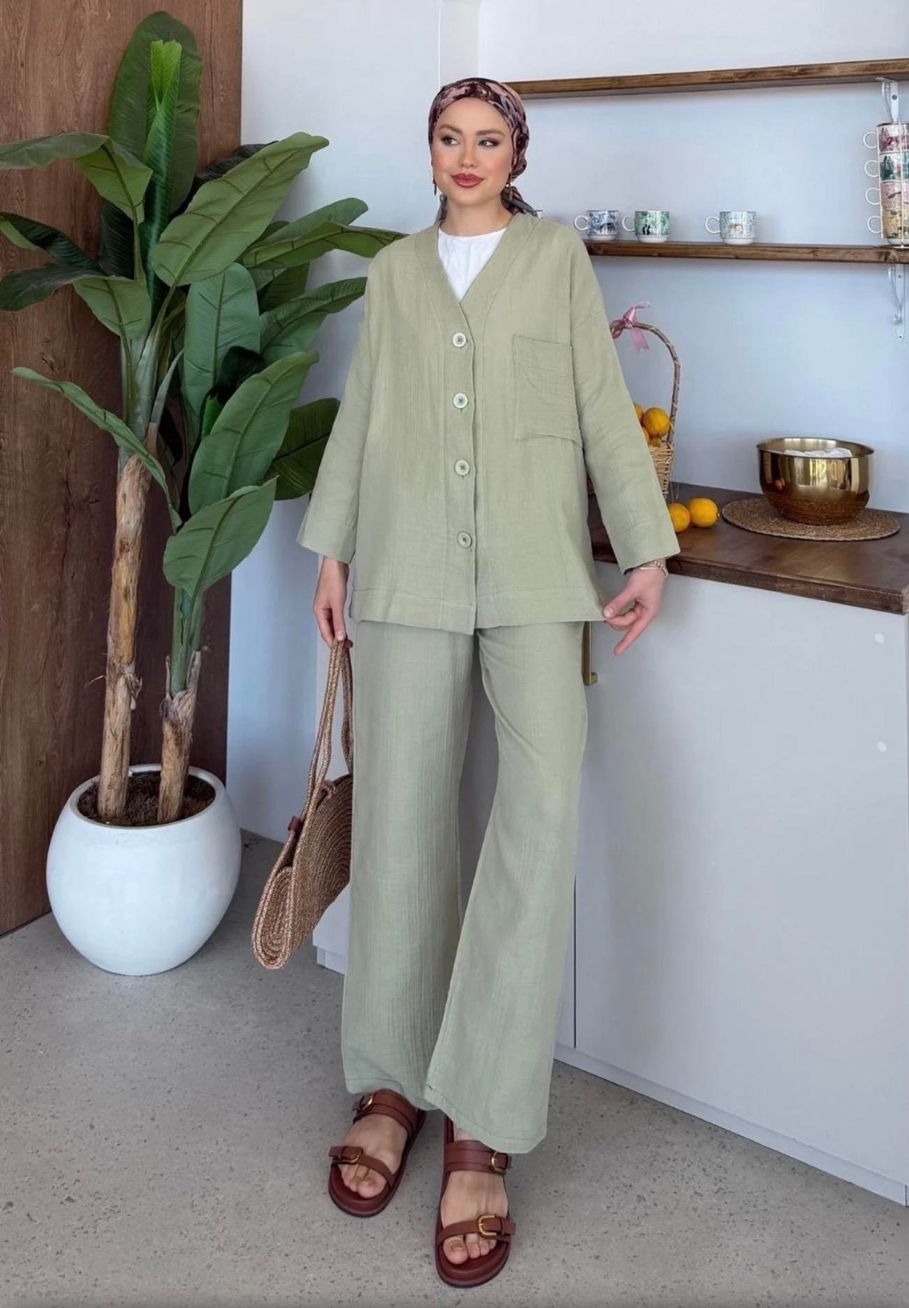 Qup Nur Keten Pantalonlu Takım Haki 8042 