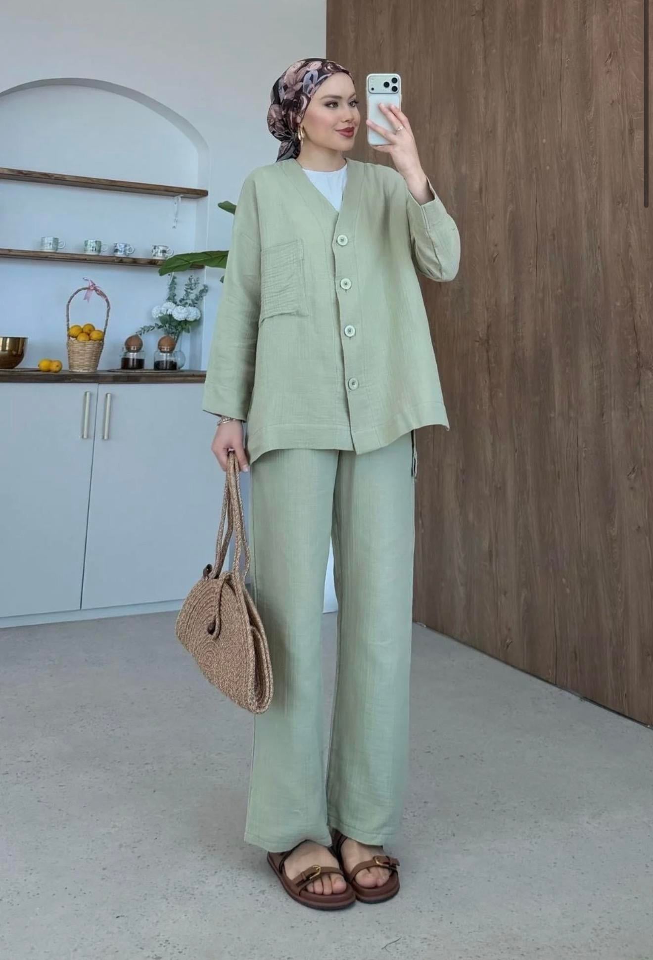 Qup Nur Keten Pantalonlu Takım Haki 8042 