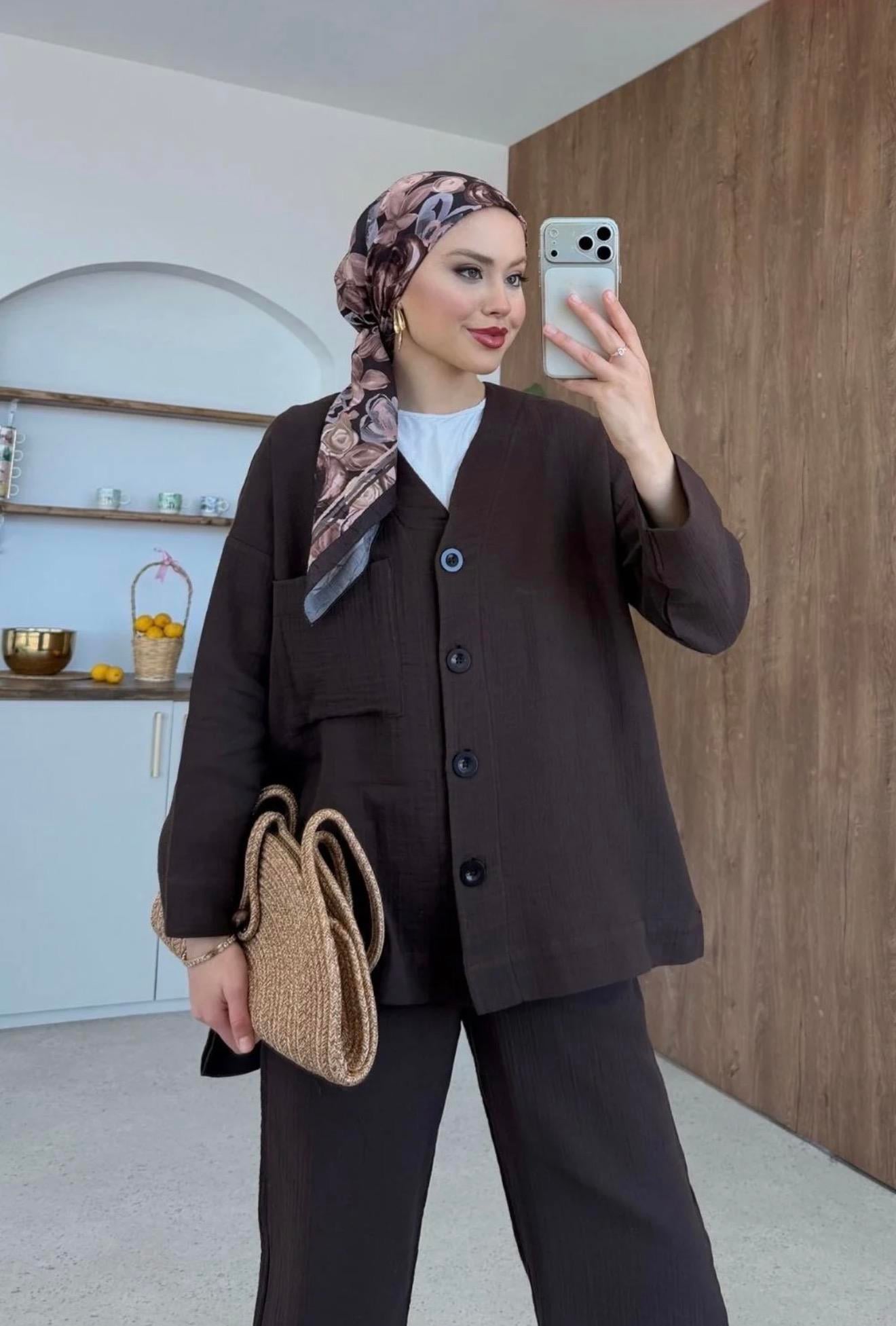 Qup Nur Keten Pantalonlu Takım Kahve 8042 