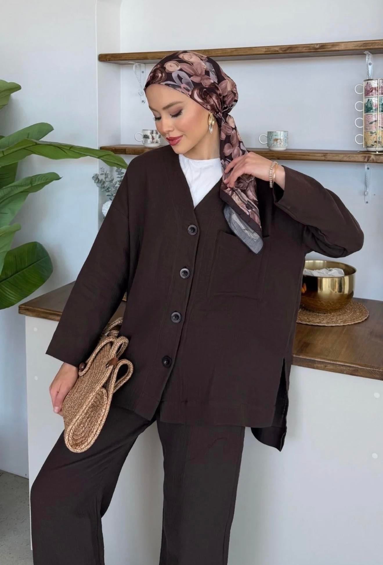 Qup Nur Keten Pantalonlu Takım Kahve 8042 