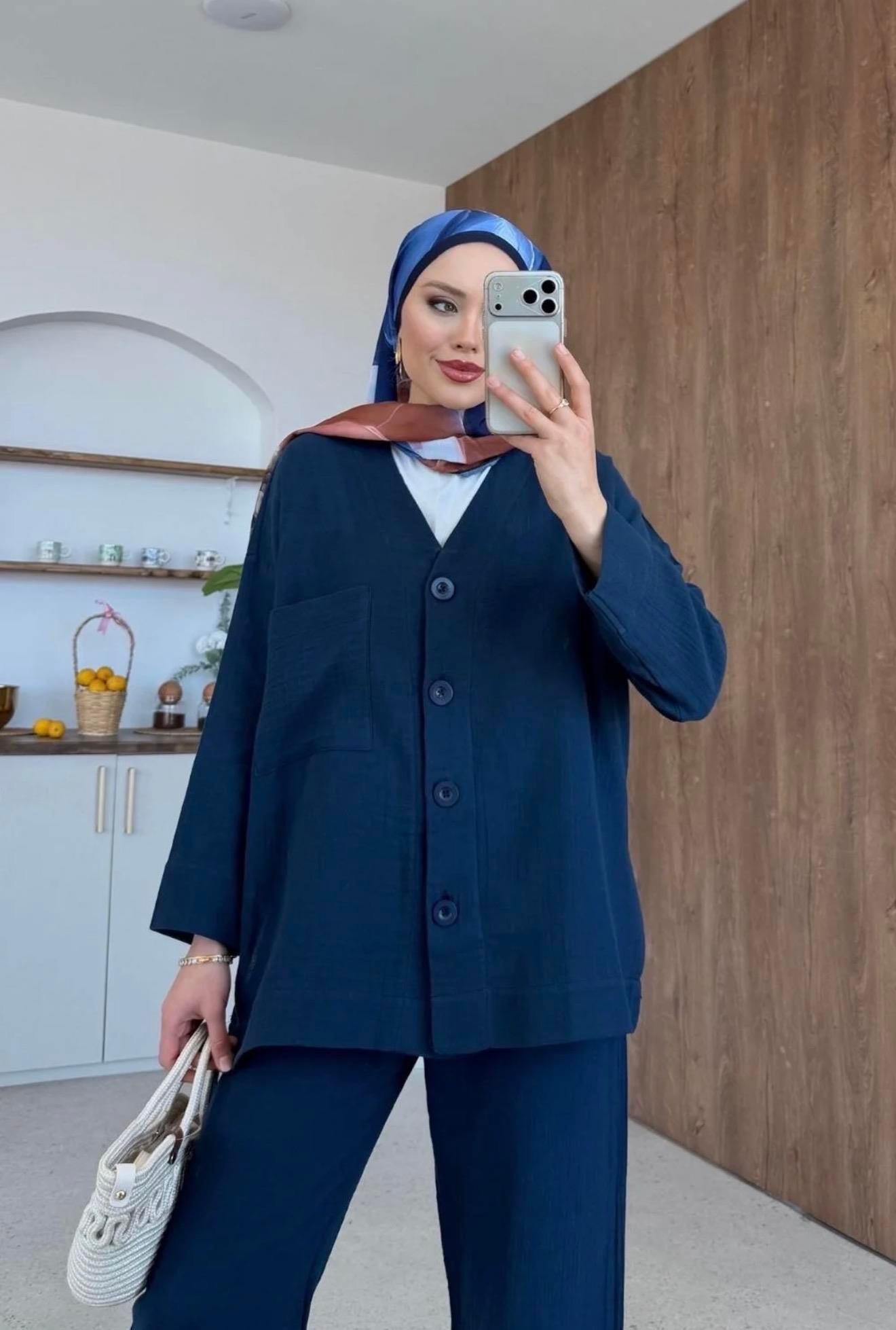 Qup Nur Keten Pantalonlu Takım Lacivert 8042 