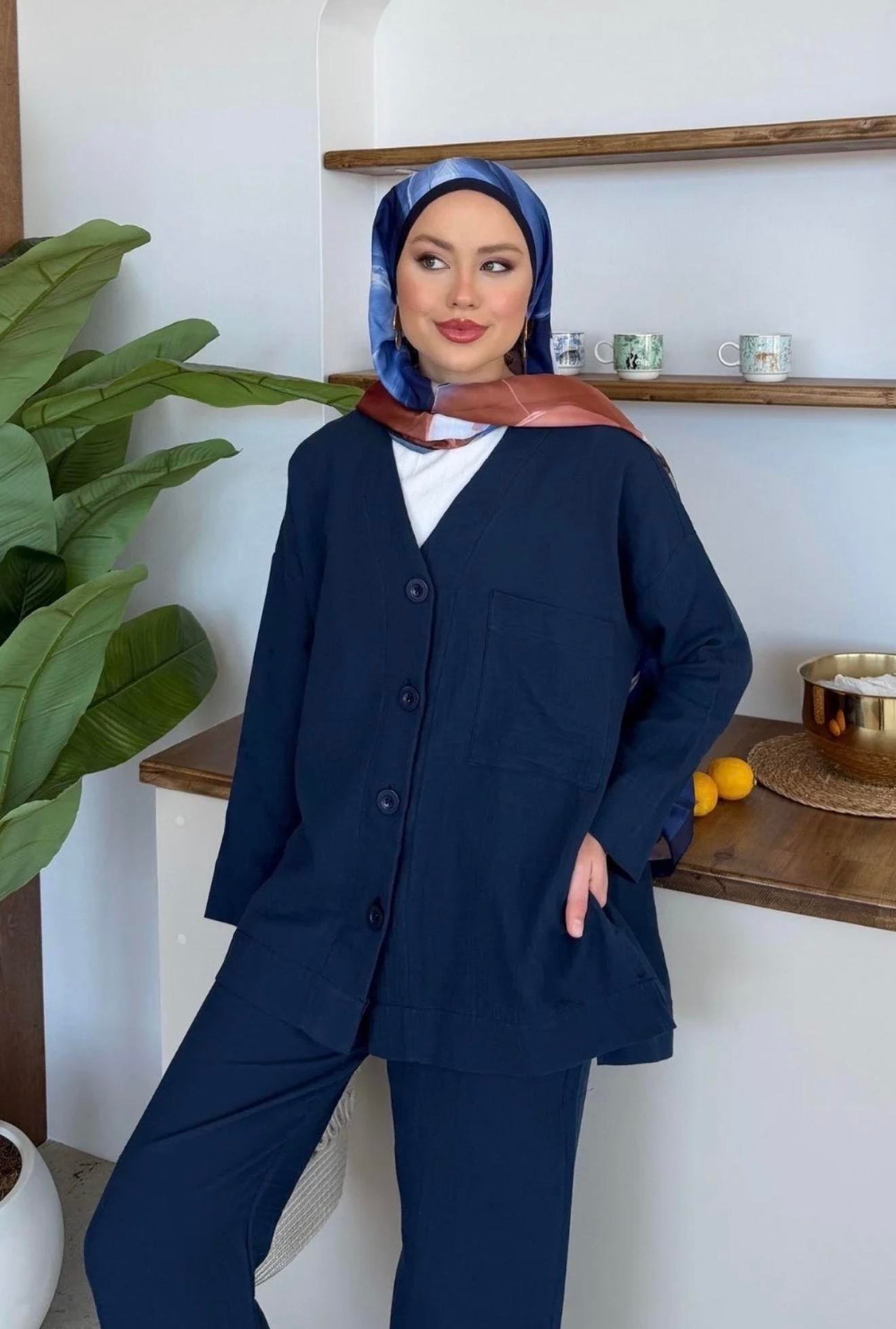 Qup Nur Keten Pantalonlu Takım Lacivert 8042 