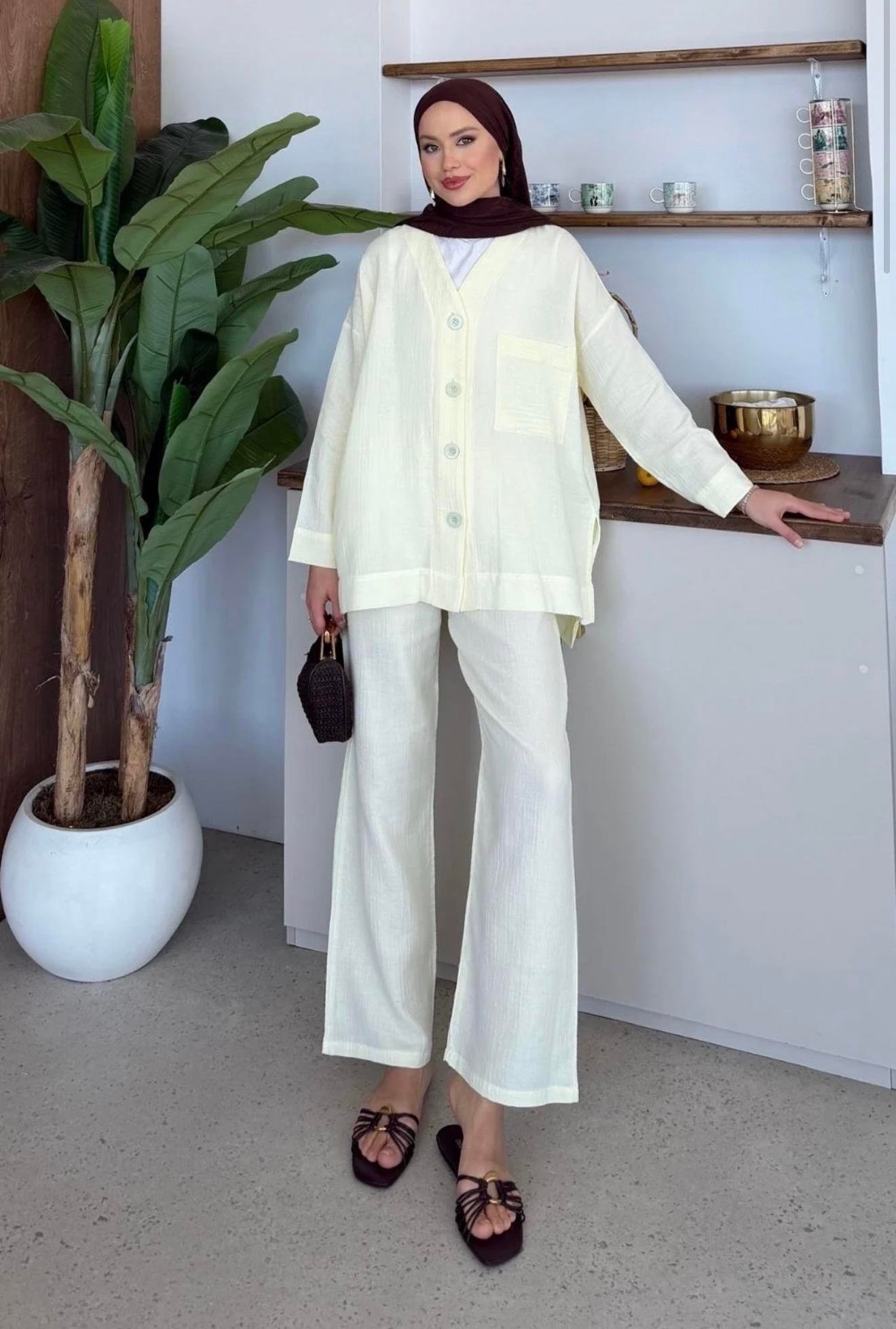 Qup Nur Keten Pantalonlu Takım Sarı 8042 