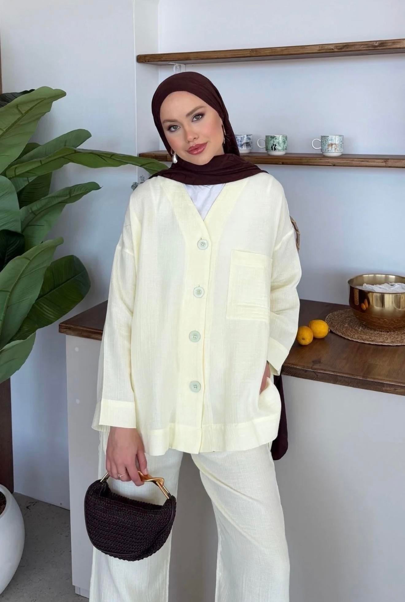 Qup Nur Keten Pantalonlu Takım Sarı 8042 