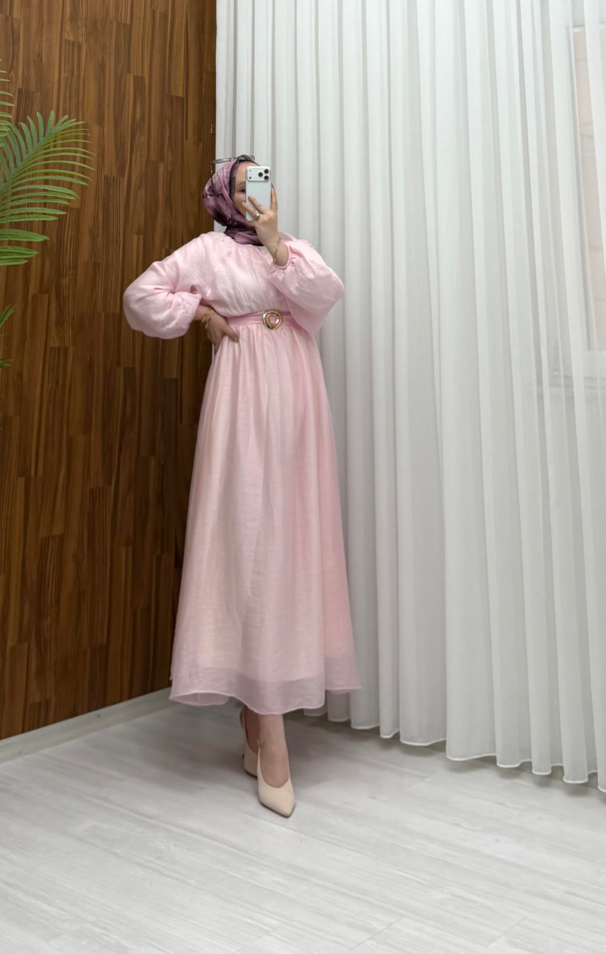 Binay Yuvarlak Toka Vual Elbise Pembe 8079 