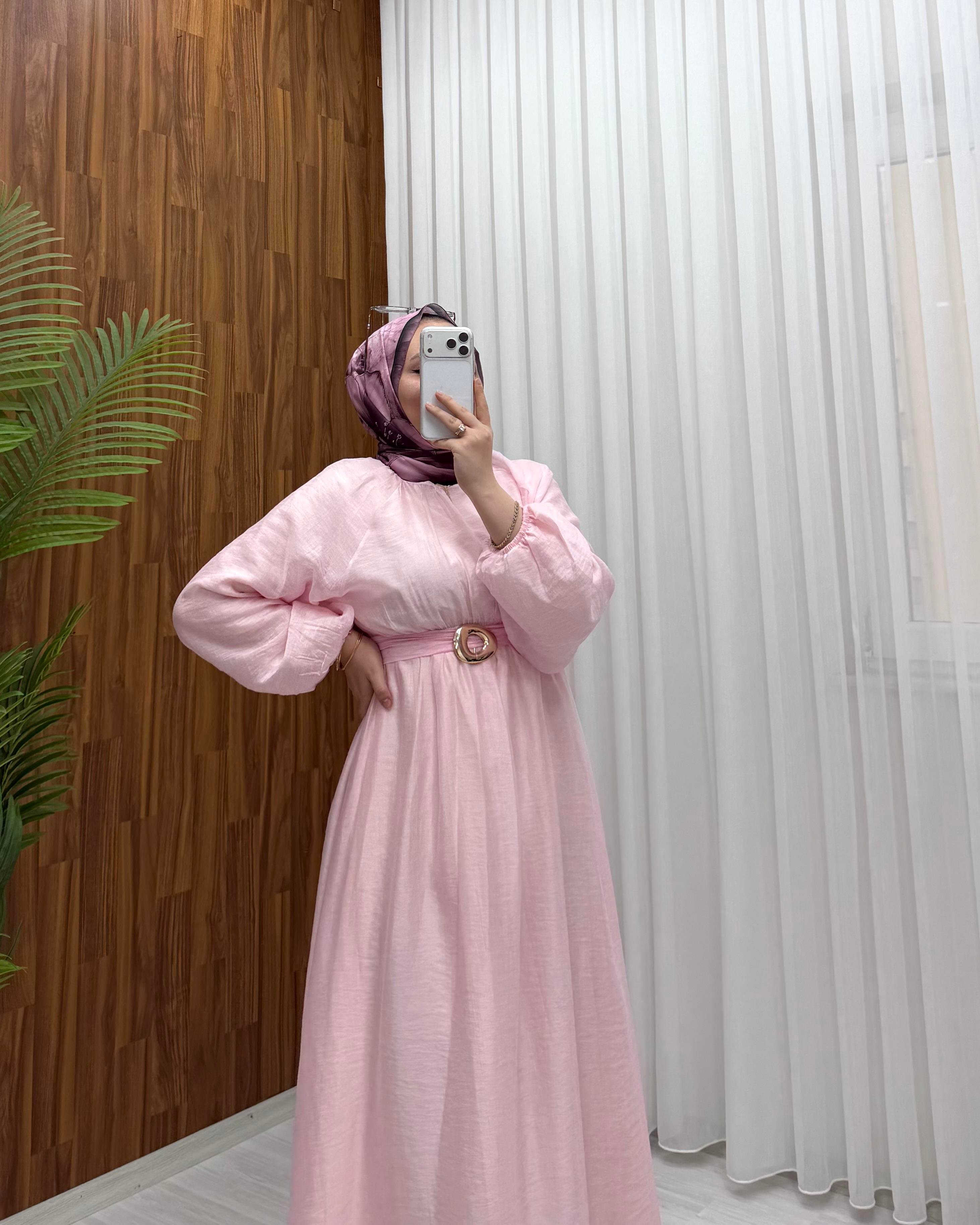Binay Yuvarlak Toka Vual Elbise Pembe 8079 