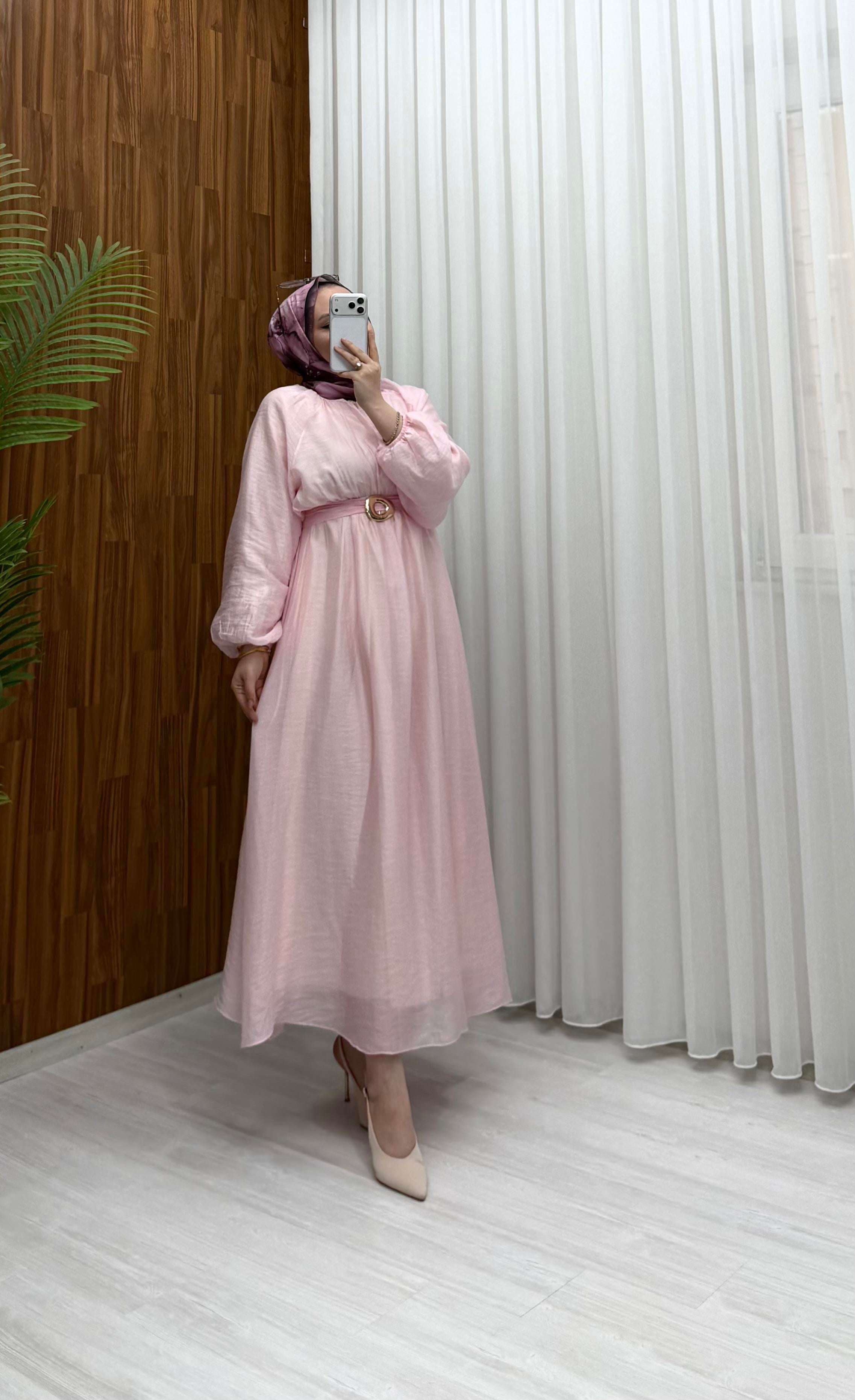 Binay Yuvarlak Toka Vual Elbise Pembe 8079 