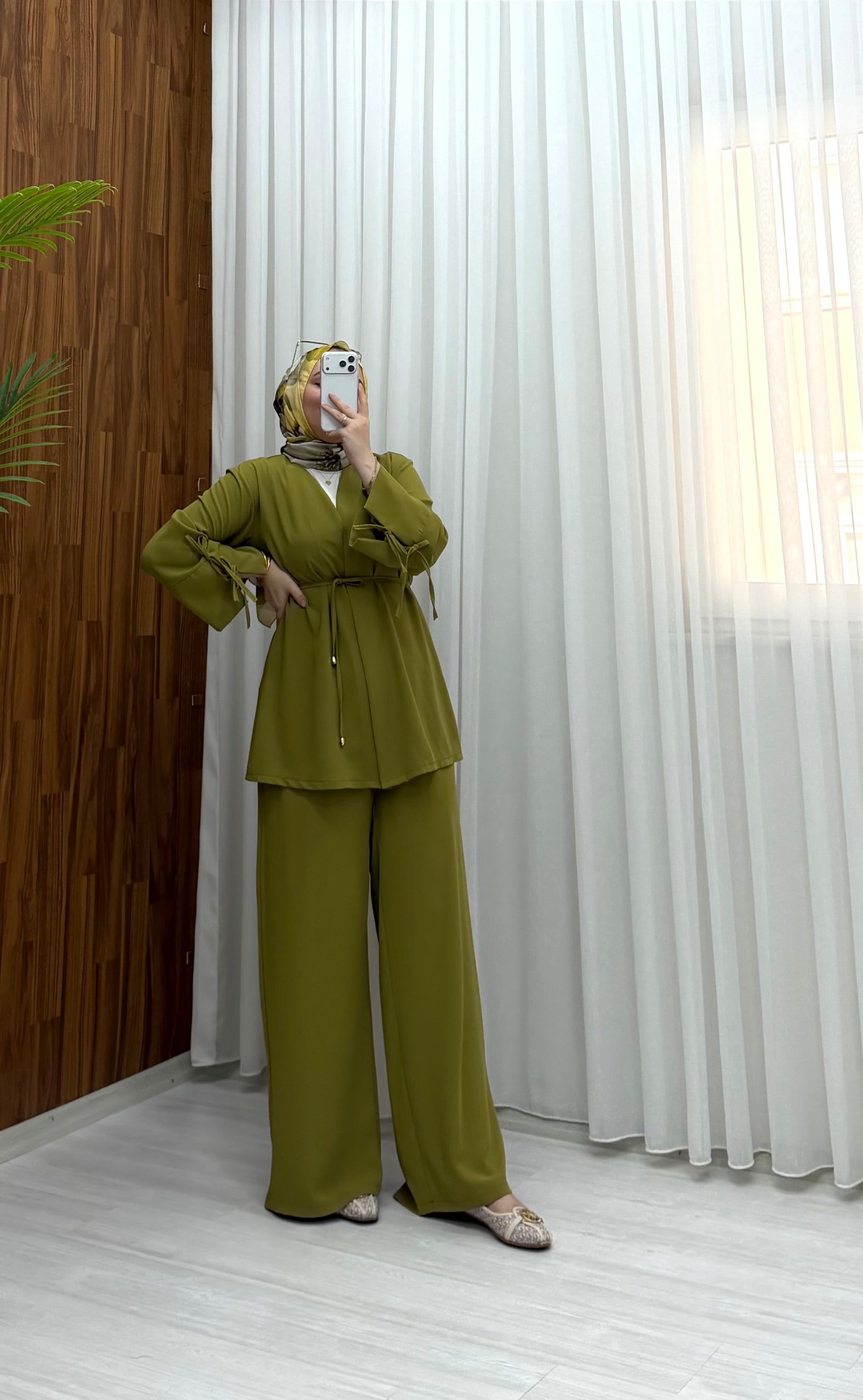 Binay Linda Fiyonk Detay Kimano Takım Yağ Yeşili 8089 