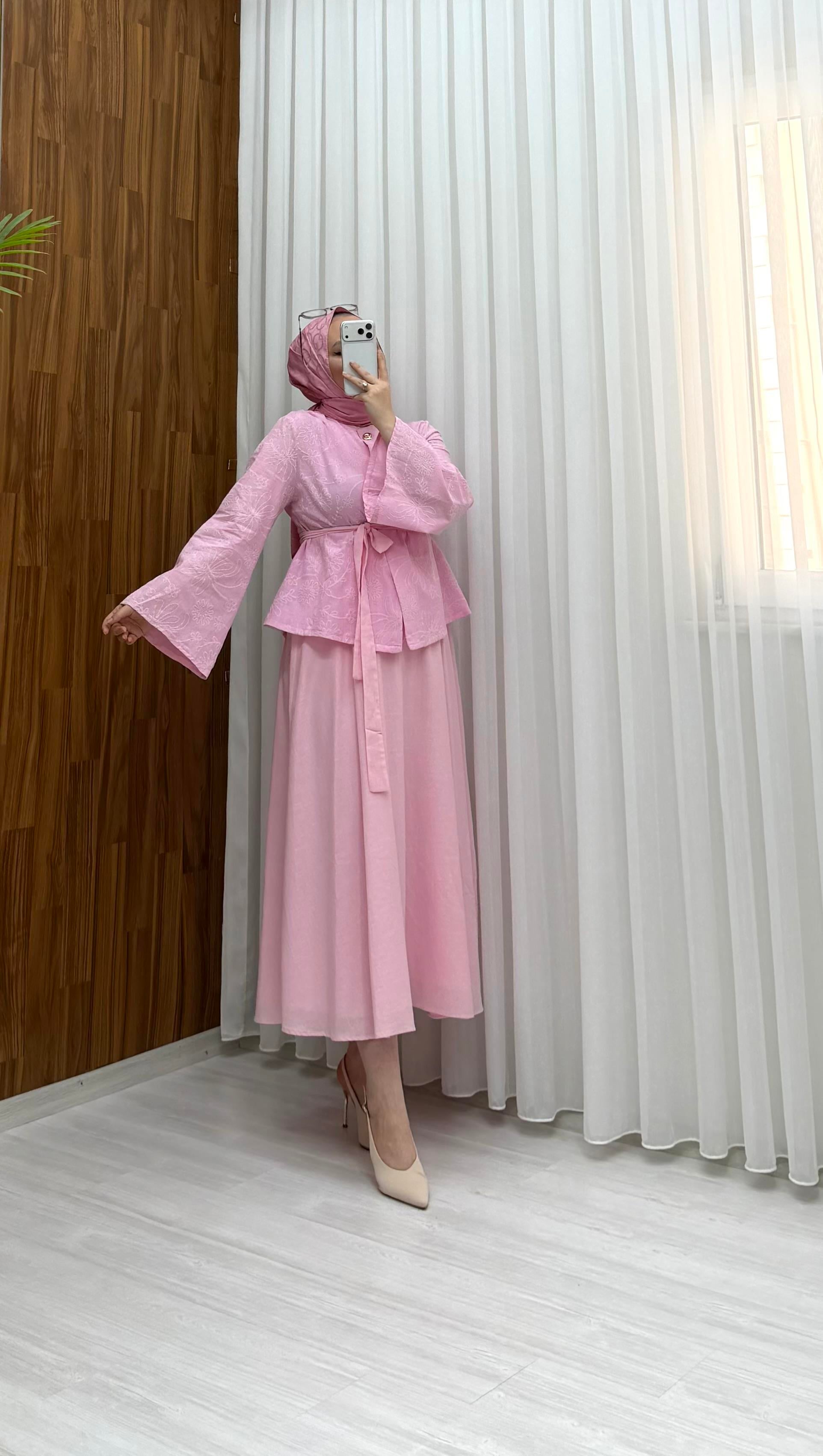 Desenli Binay Etekli Vual Takım Pembe 9098 