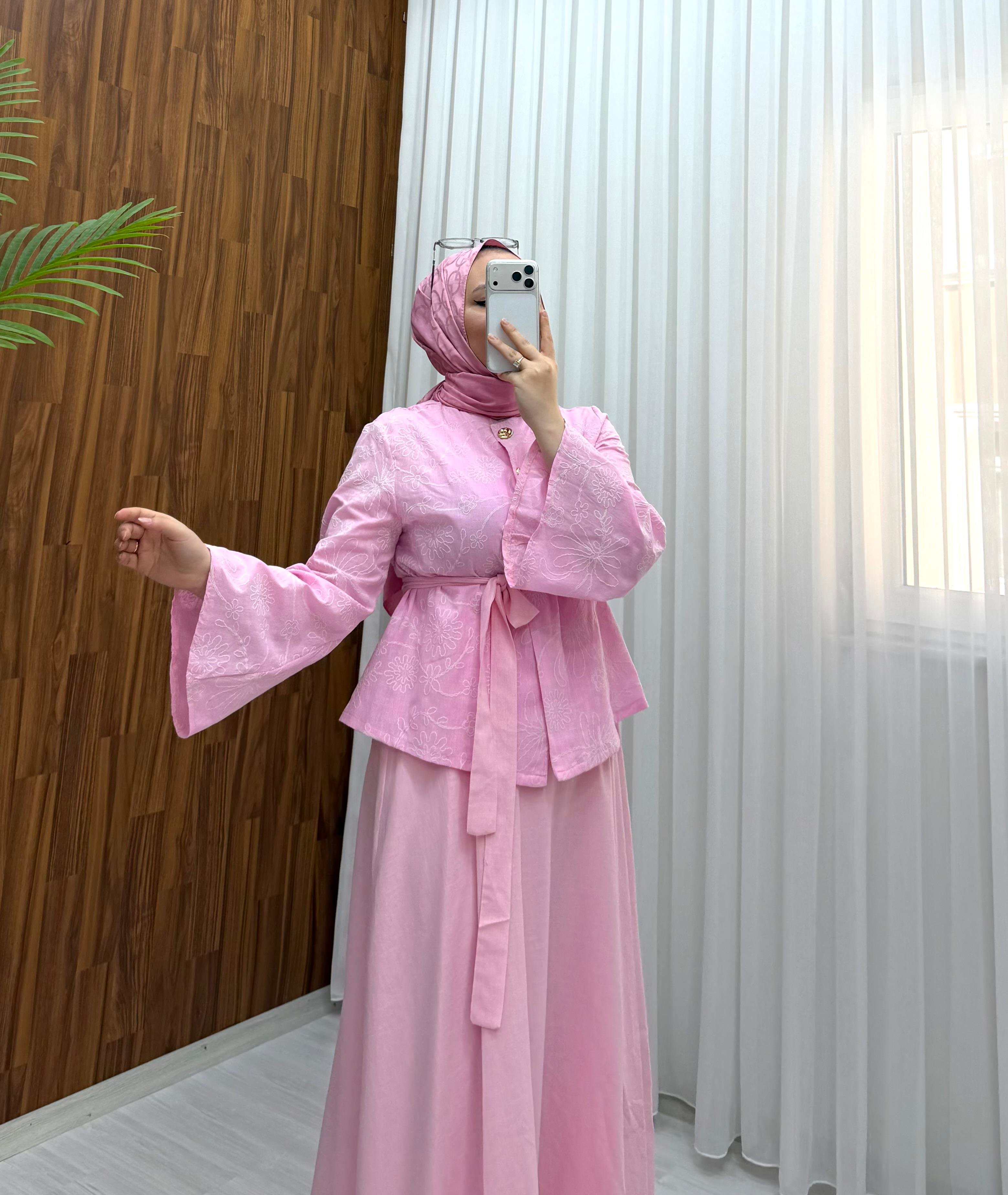 Desenli Binay Etekli Vual Takım Pembe 9098 