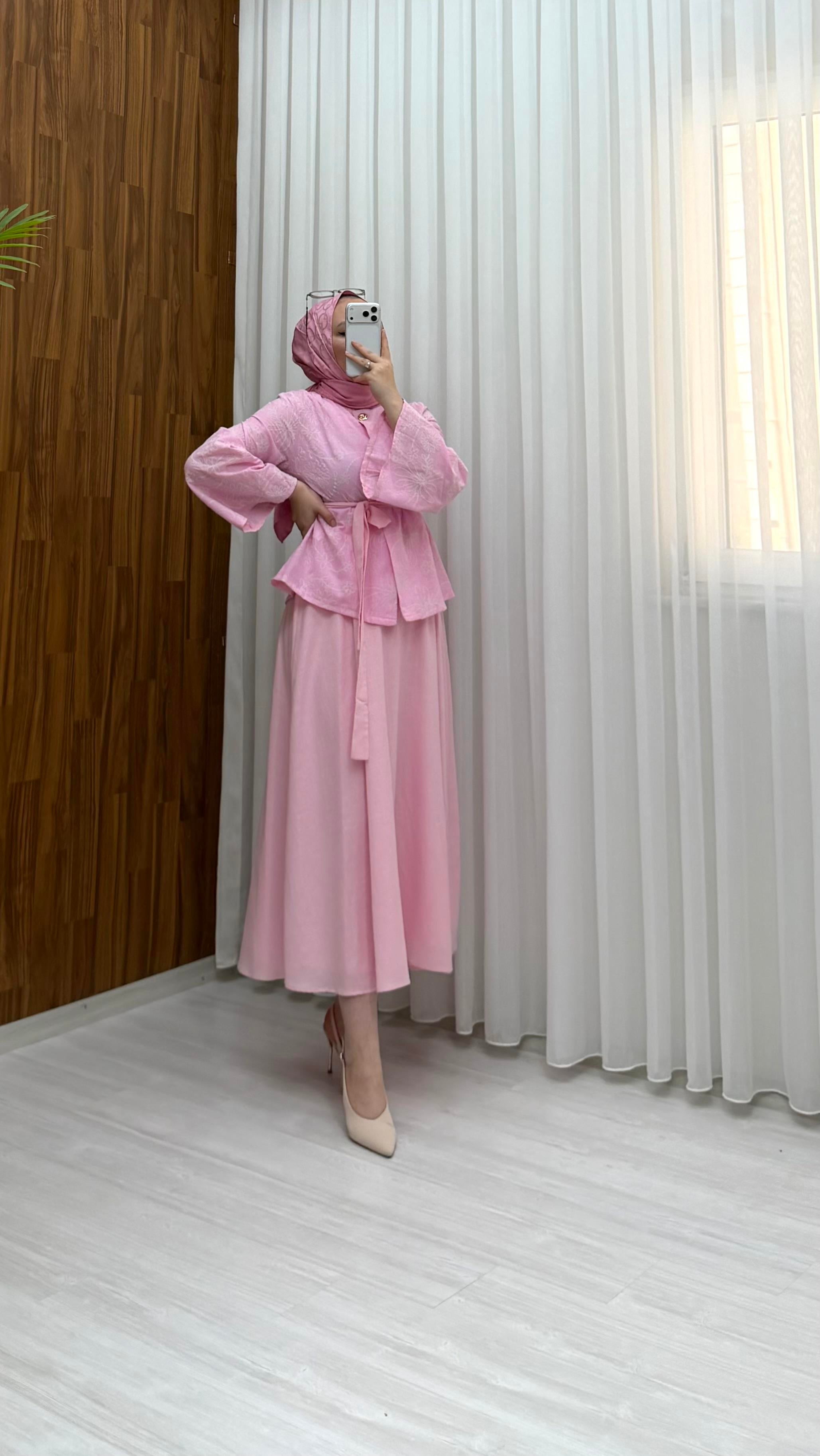 Desenli Binay Etekli Vual Takım Pembe 9098 