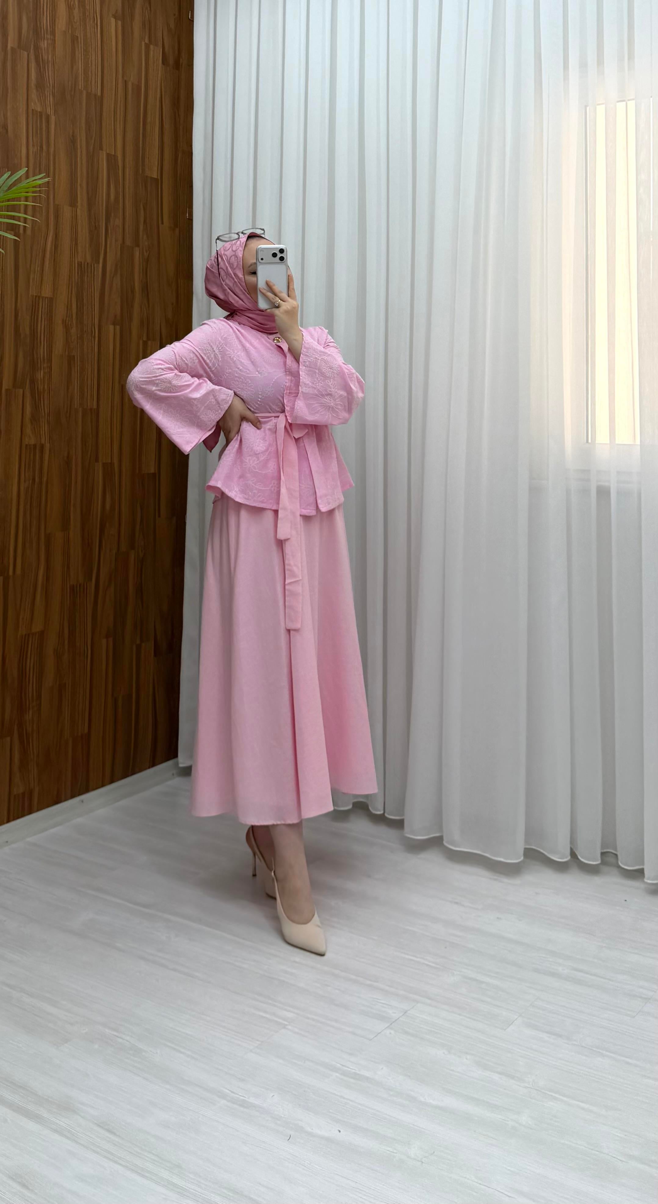 Desenli Binay Etekli Vual Takım Pembe 9098 