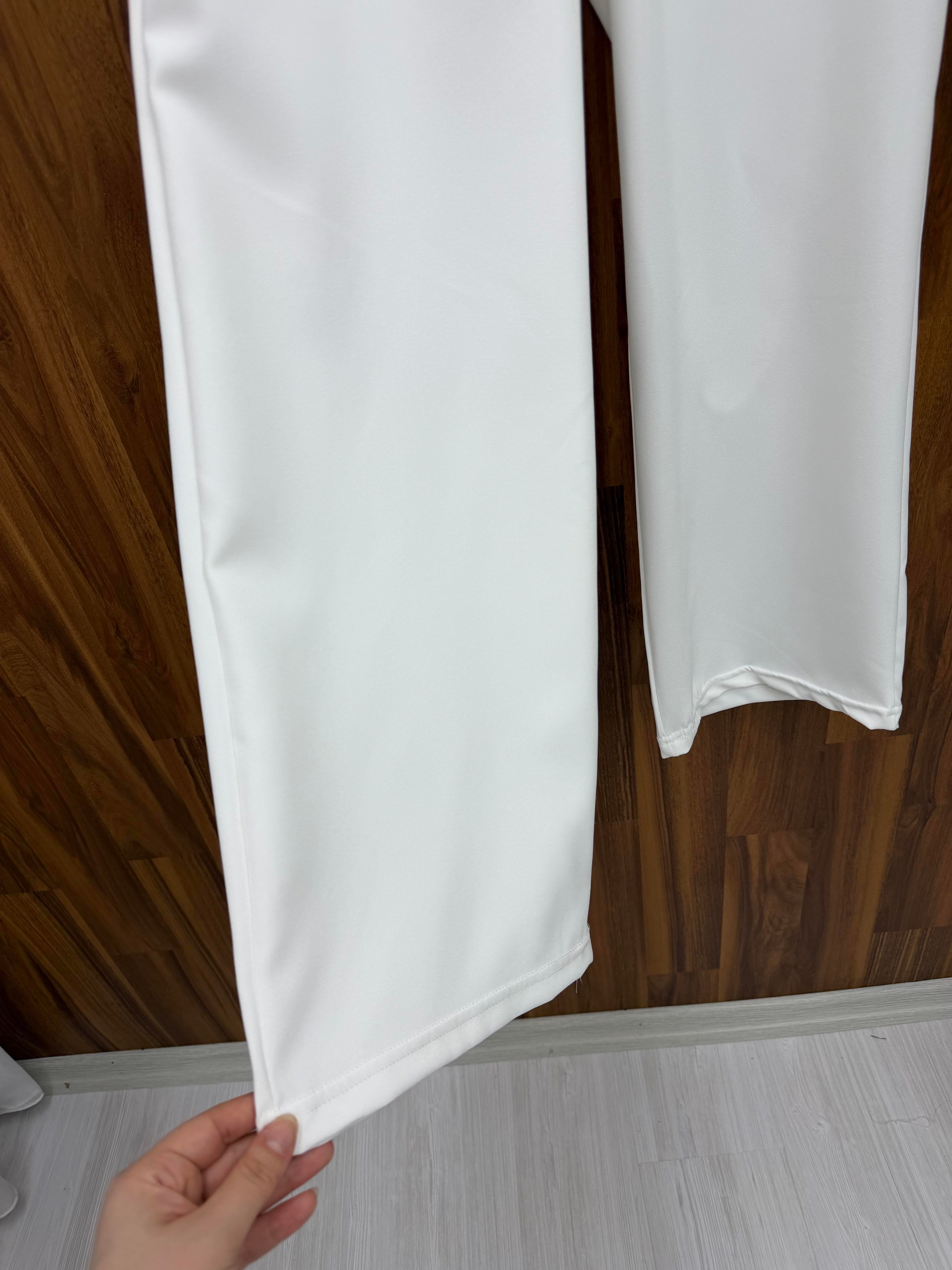Newshe Krep Kumaş Tek Renk Pantalon Beyaz 9525 