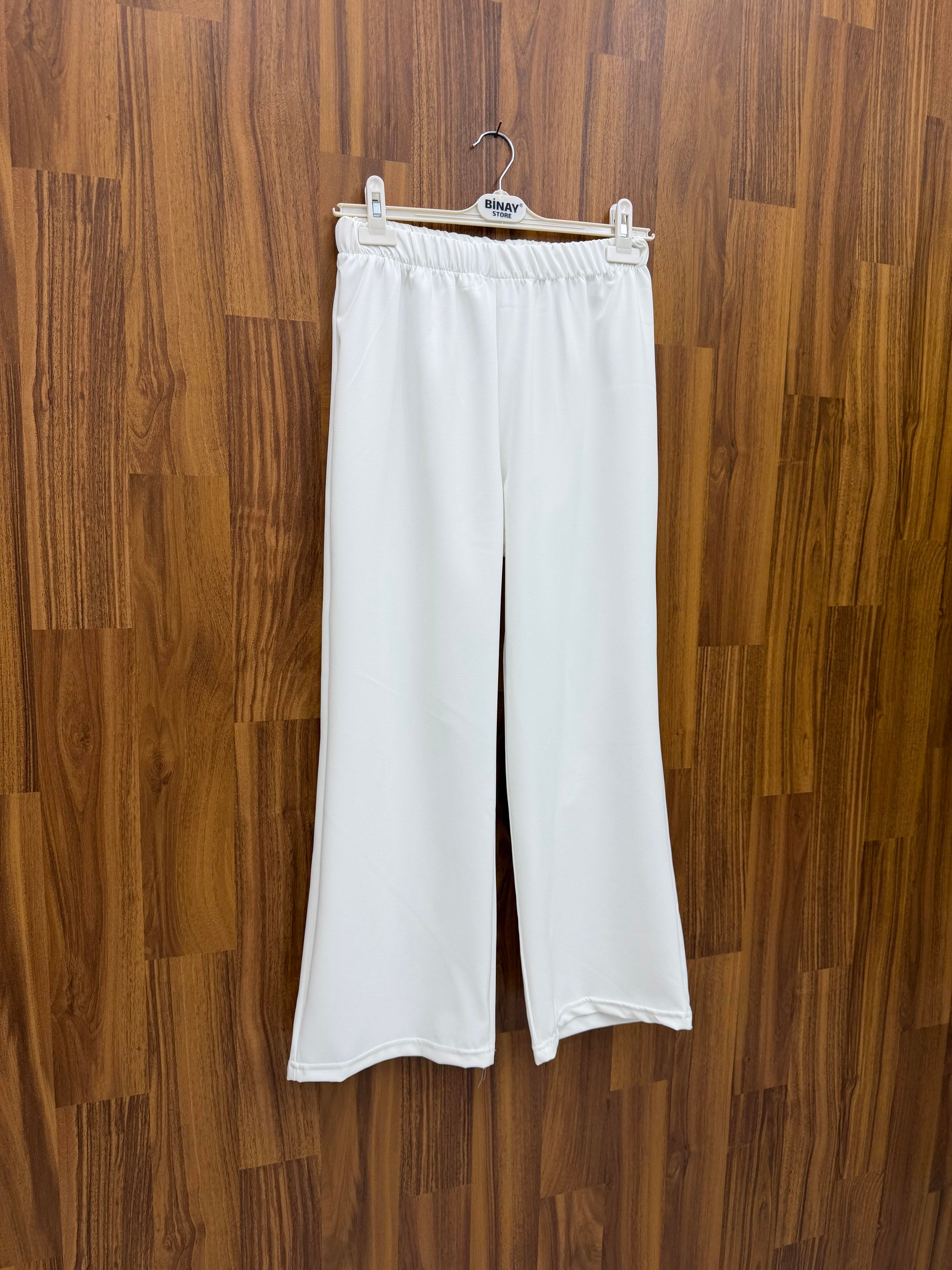 Newshe Krep Kumaş Tek Renk Pantalon Beyaz 9525 