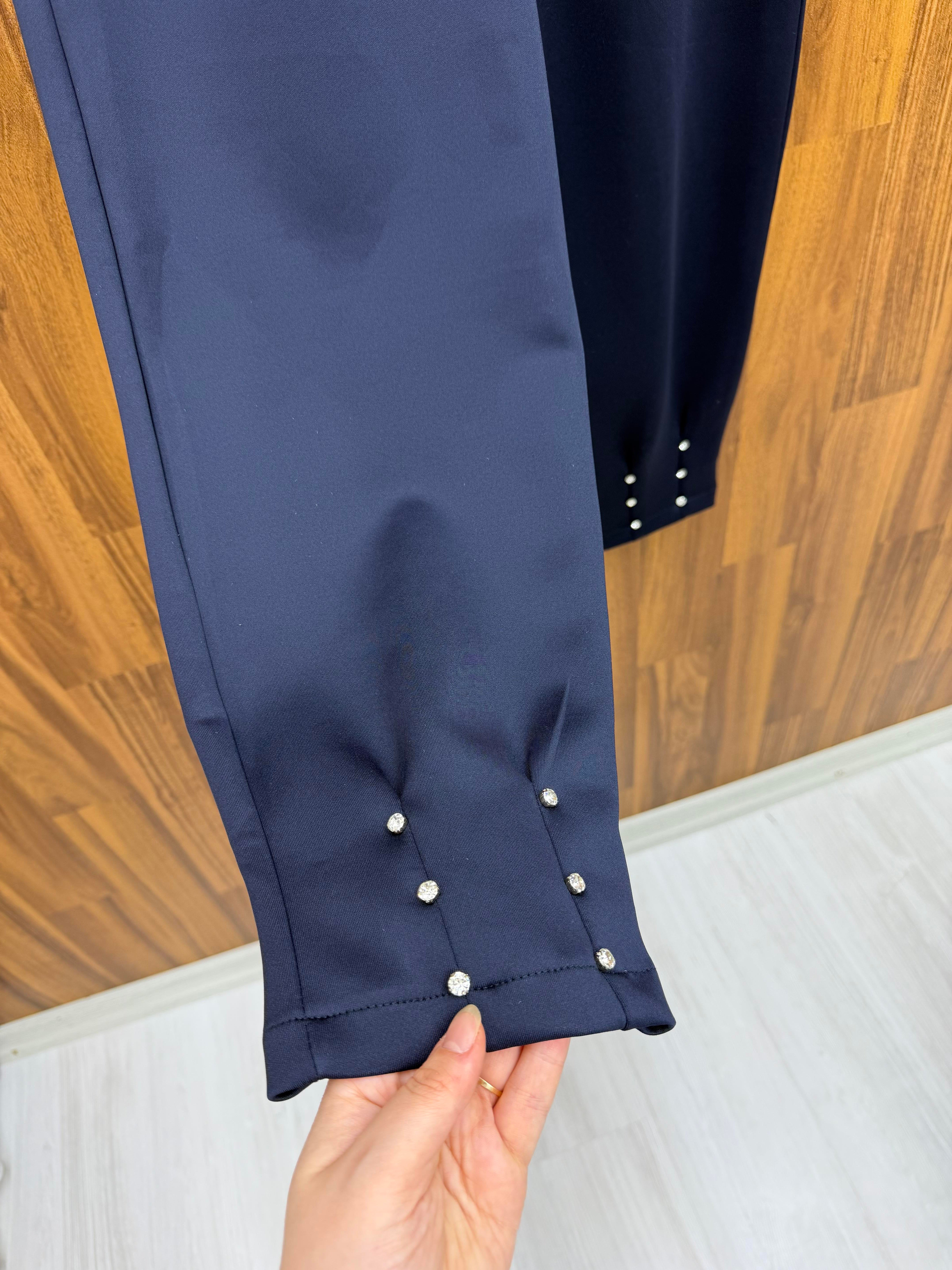 Pilise Scuba Kumaş  Paçası Taşlı Pantalon Lacivert 9525 